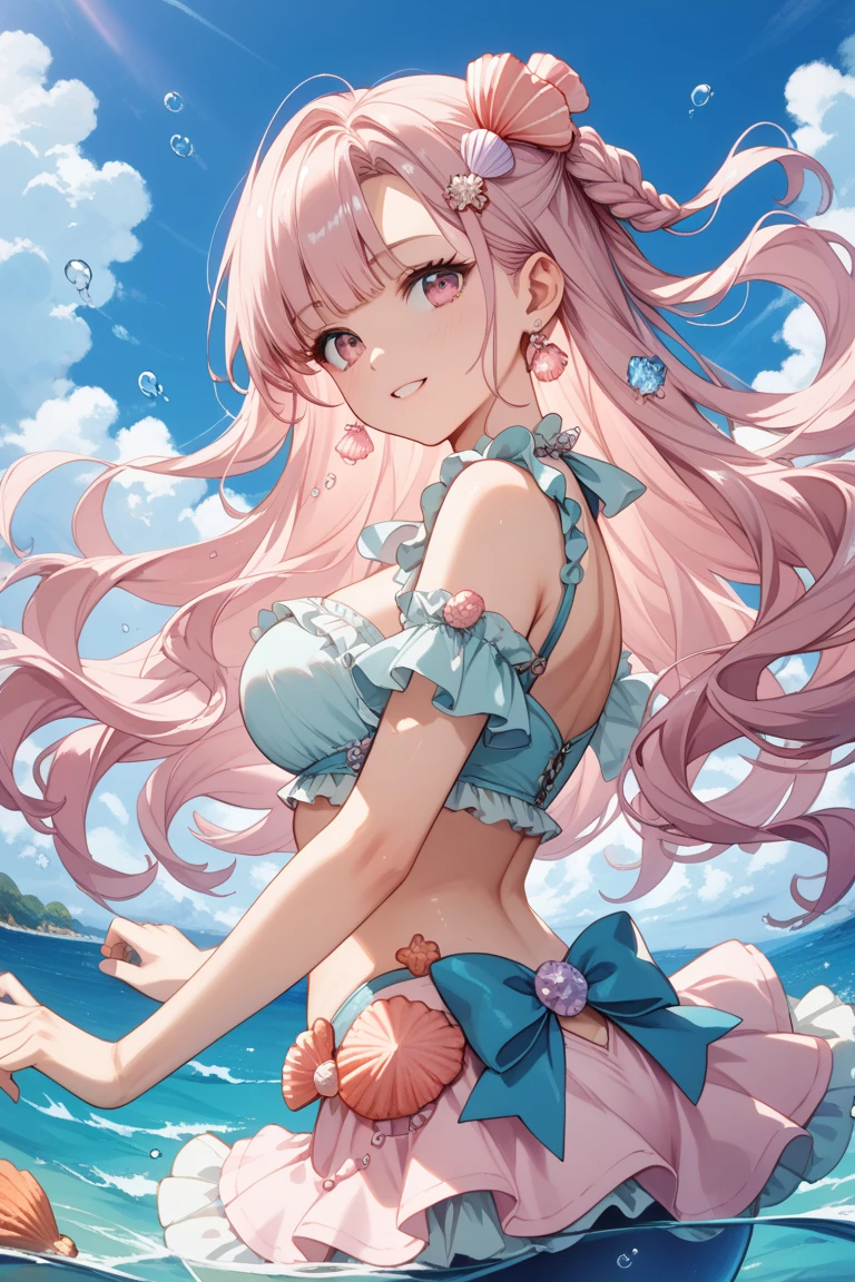 Masterpiece、Highest quality、Super detailed、1 girl、Pink Hair、(Big Tits)、Fluffy and soft long hair、Red-pink eyes、hide the chest with a shell、Ocean、Cleavage、(The underboob is visible)、Belly button、Ruffles and ribbons、smile、Too big breasts
