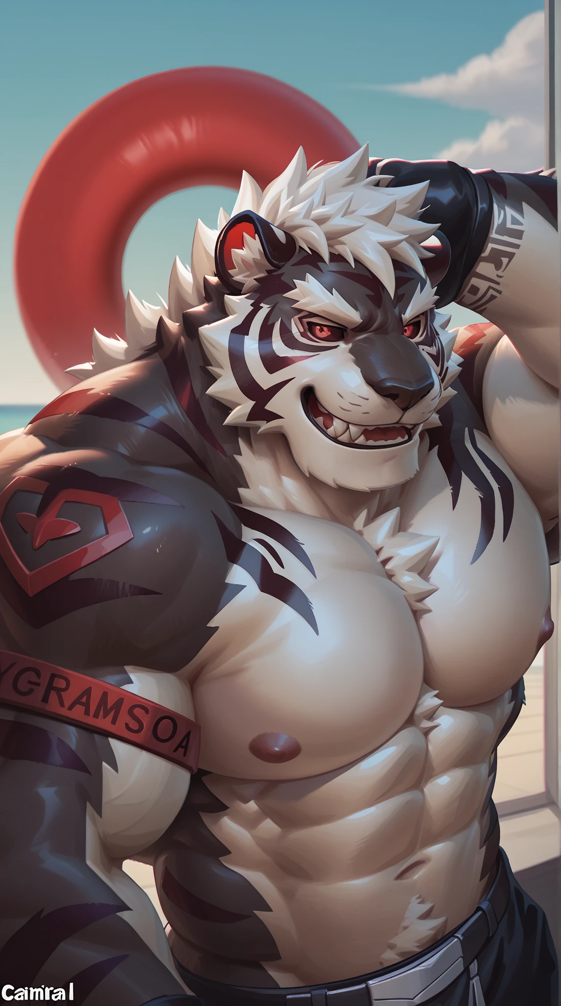 there is a man sitting on a bench in a gym, working out, in a gym, muscular!!, lifting weights, with abs, super buff and cool, muscular!, bursting with muscles, ((trending on E621, trending on Furaffinity digital media, trending on Artstation, trending on twitter , digital painting, digital media, digital paint, digital illustration, (masterpiece))) BREAK ((by vorusuarts, by kuroma, by nullghost, by raccoon21)) , BREAK ((((Full body(((hyper muscles))))))) ((((((anthro, anthrofield, (grey hyena)))))) | break | handsomeface,((((((elderlyface)))))), age_up_face , (((wildface)))))))), ((((((((charming)))))))) BREAK (((((hypermuscle:1.8| hyperpecs:1.4)))))))), (((detailed eyes,red_eyes:1.8))) | (((gray fur | finger claw | )))) | (((((((( gray hair | black eyebrow | short hair | black goatee hair | spiky_black_Ear_piercing))))))))) | BREAK (((((thick eyebrows))))) | BREAK (best quality | 8k | hi-res)) BREAK (((perfect face))) | BREAK ((bloom effect | ambient light)), BREAK((((((Swimmingpool background)))) ,((((((poolparty background)))) ,((((((swimming)))))), |break ((high-angle view ((((dynamic angle)))) or quarter view or close-up view))