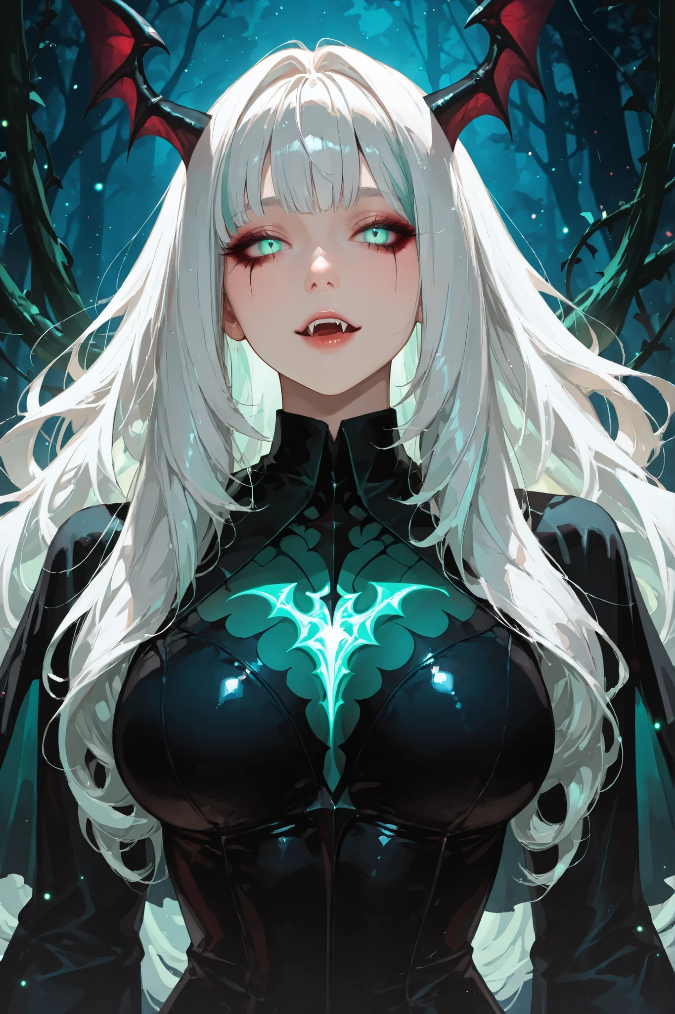 (8k, top quality, masterpiece: 1.4), ultra detail, super resolution, a stunning digital illustration of a stunning witch vampire hybrid, she lives deep in the forest preying on innocent souls, she has long curly white hair, evil venom green eyes, fangs, beautiful skin texture, her unrivaled features mesmerize the viewer, her presence is magical, bokeh, ethereal light particles, magic glow, nightshade and vines