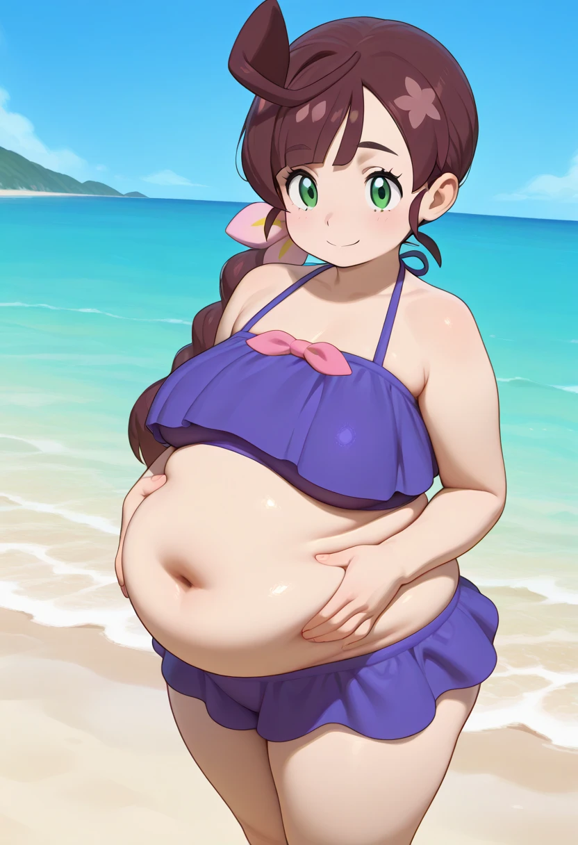 score_9, score_8_up, score_7_up, score_6_up, score_5_up, score_4_up, ((low depth of field)), (Drawn in the style of summertime saga), (beautiful landscape),
BREAK
stsross standing on beach, 1girl, gigantic breasts, wide hips, green eyes, green nails, brown hair, afro, green earings, green dress, white shirt, tied shirt, looking at viewer, smile