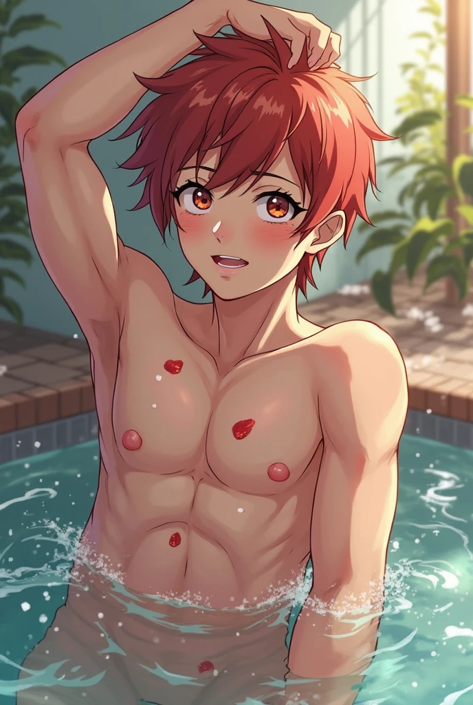 Sperm dripping, No clothes, focus on his dick, Cute face, Black hair, honey eyes, Full body, bare feet, Beautiful Onsen scenery, 1boy, glowing, steam smork, japan style, anime coloring, shy, Completely naked Exposing his big hard dick, on Japanese Onsen, Fluffy chest, pink nipple, Curly hair , BLUSHING, SHY EXPRESION, very wet body, Hairy stomatch, very hairy abs, Very bushy hairy armpits, hairy pubic, hairy crotch, Super Realistic photography, PROUDLY SHOWING OFF HIS sexy body, Cute teen, exposing his sexy nipple, DETAILED, Slim fit body, teenager, very cute boy face, boy, sweat covering all over the body, Sweat dripping all over the body, Proudly showing off his sweaty very hairy armpits to audience, The colors are bright and vibrant, enhancing the overall aesthetic. The lighting is soft and natural, casting a soft glow on the face and body, don't merge body's, detailed eyes and lips, sixpack and fit body. Image quality is of the highest standard, with ultra-detailed features and a realistic appearance.