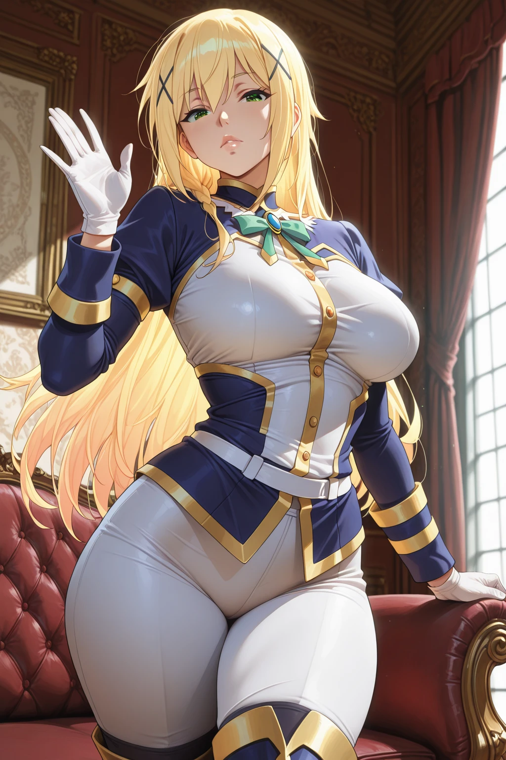 Adult woman, tall (1.85cm), milf, 28 years old, long golden hair, greenish eyes, large breasts, open breasts, open belly, tight blue blouse, iron sleeves, iron boots, open thighs, muscles, cheerful, work -raw, high quality