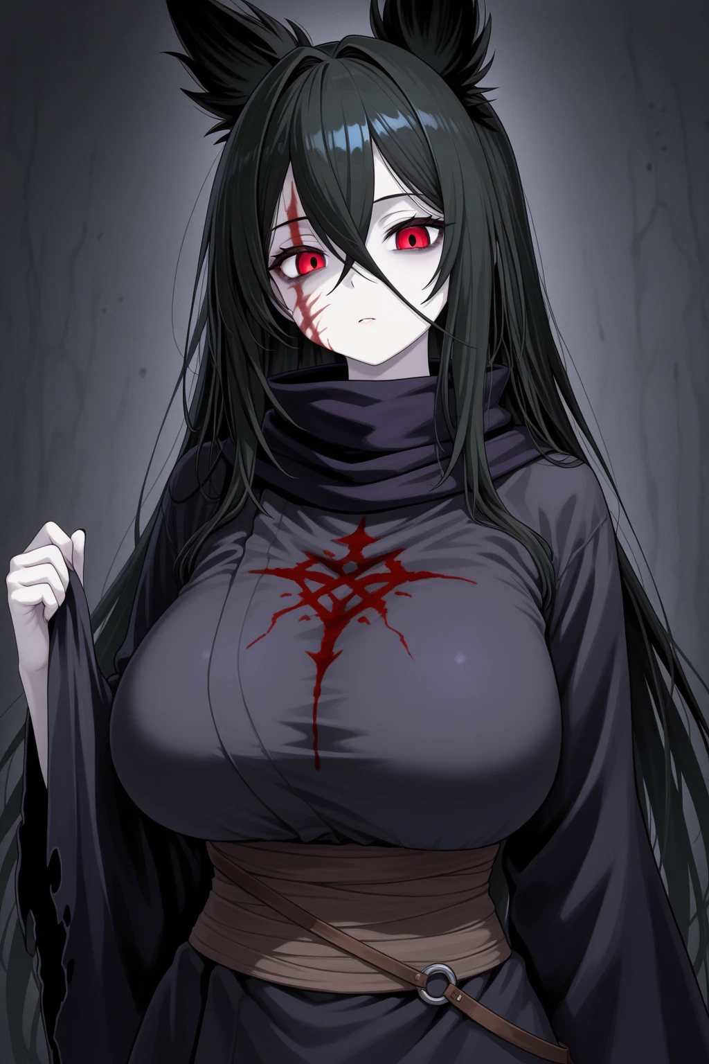 Unohana, solo, japanese clothes, red eyes, haori, blood sky, orange moon, scar on chest, <lora:Unohana:0.85>, parted lips, blood, lake
