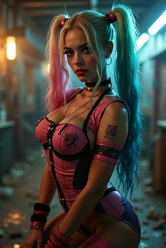 Alerquina, suicide squad, sledgehammer in hand, Margo robin, blonde, movie outfit, pink and blue hair, --auto --s2