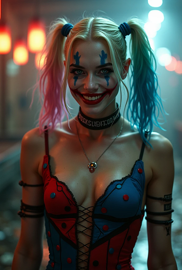 ultrarealistic, photography, long red hair, girl, 24 years old, hourglass figure, perfect body, Flirty look, extremely detailed artgerm, in the style artgerm, medium breasts, blur background, red and blue Harley Quinn costume, crowded costume party in the background, laughing, full body picture, full body, black sheer tights