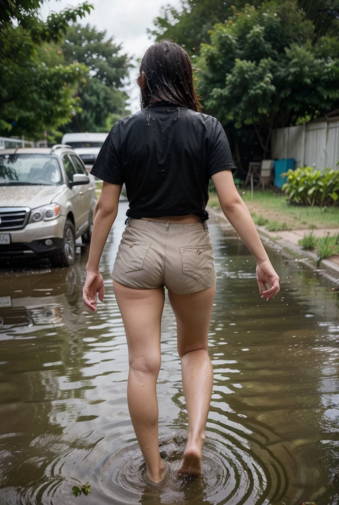 beautiful woman, huge thighs, life jacket, riding a ((jet-ski), street flooded with dirty water, brown water, ultra detailed, denim mini skirt, view from behind, thong panties, white skin