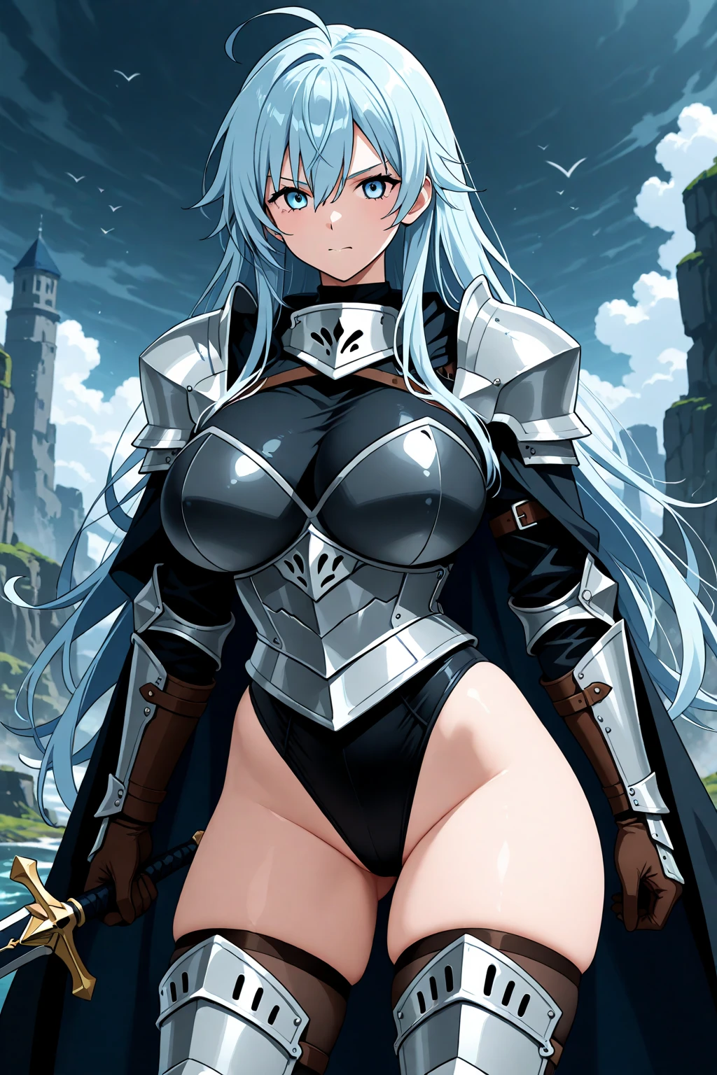 "(masterpiece:1.1), best quality, 
1girl, (80s anime style:1.4), (eyelashes:1.5),(loli:1.2), 
(intricate high detailed body:1.2), 
blue hair, 
(blunt bangs:1.1), (twin braids:1.1), (animal ears:1.2), 
green eyes, (detailed pupils:1.1), 
(pale skin:1.3), (slim body:1.1), (medium breasts:1.1), 
light smile, 
(see-through body suit armor:1.2), (pantyhose:1.1), 
(spiked knight armor, armored boots, capelet:1.2), (belts:1.1), (earrings:1.1), hand cuffs, 
standing, crossed arms, 
(full body, looking at viewer, from front:1.1),
(simple white background:1.2)"