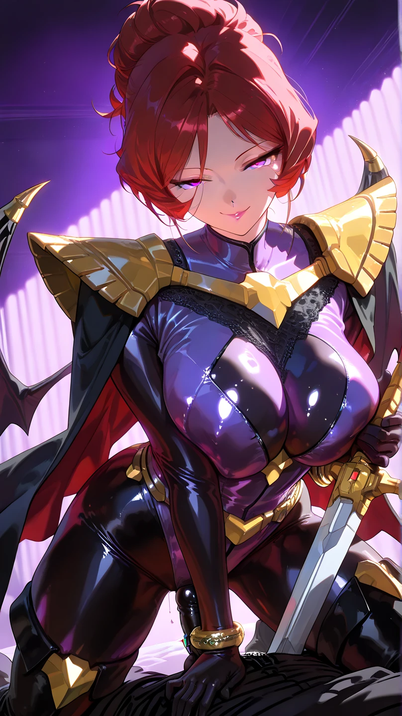 "(masterpiece:1.1), best quality,
1girl, (80s anime style:1.4), (eyelashes:1.5),(loli:1.2),
(intricate high detailed body:1.2),
red hair,
(forehead, parted bangs, hairclip:1.1), (very short hair, pixie cut:1.1), (rabbit ears:1.2),
purple eyes, (red lip stick, detailed pupils:1.1),
(gigantic breasts:1.3),
light smile, open mouth,
(see-through cloth leotard armor, corset:1.2), (pantyhose:1.1),
(knight armor, armored boots, capelet:1.2), (frill:1.1), (accessories:1.1), bracelet,
standing, claw pose,
(cowboy shot, looking at viewer, from front:1.1),
(daytime, grassland, outdoors:1.1)"