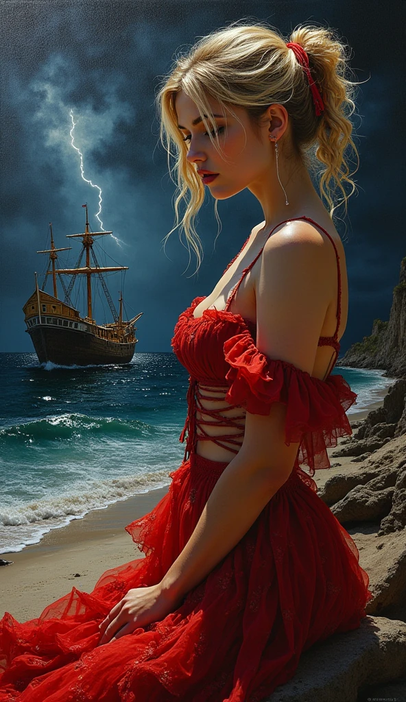 (a beautiful woman) singing, sitting on jagged rocks in the stormy ocean. (a ship) crashes violently into the rocks. cinematic lighting, volumetric light. stormclouds. dark sky. detailed face, intricate eyes.