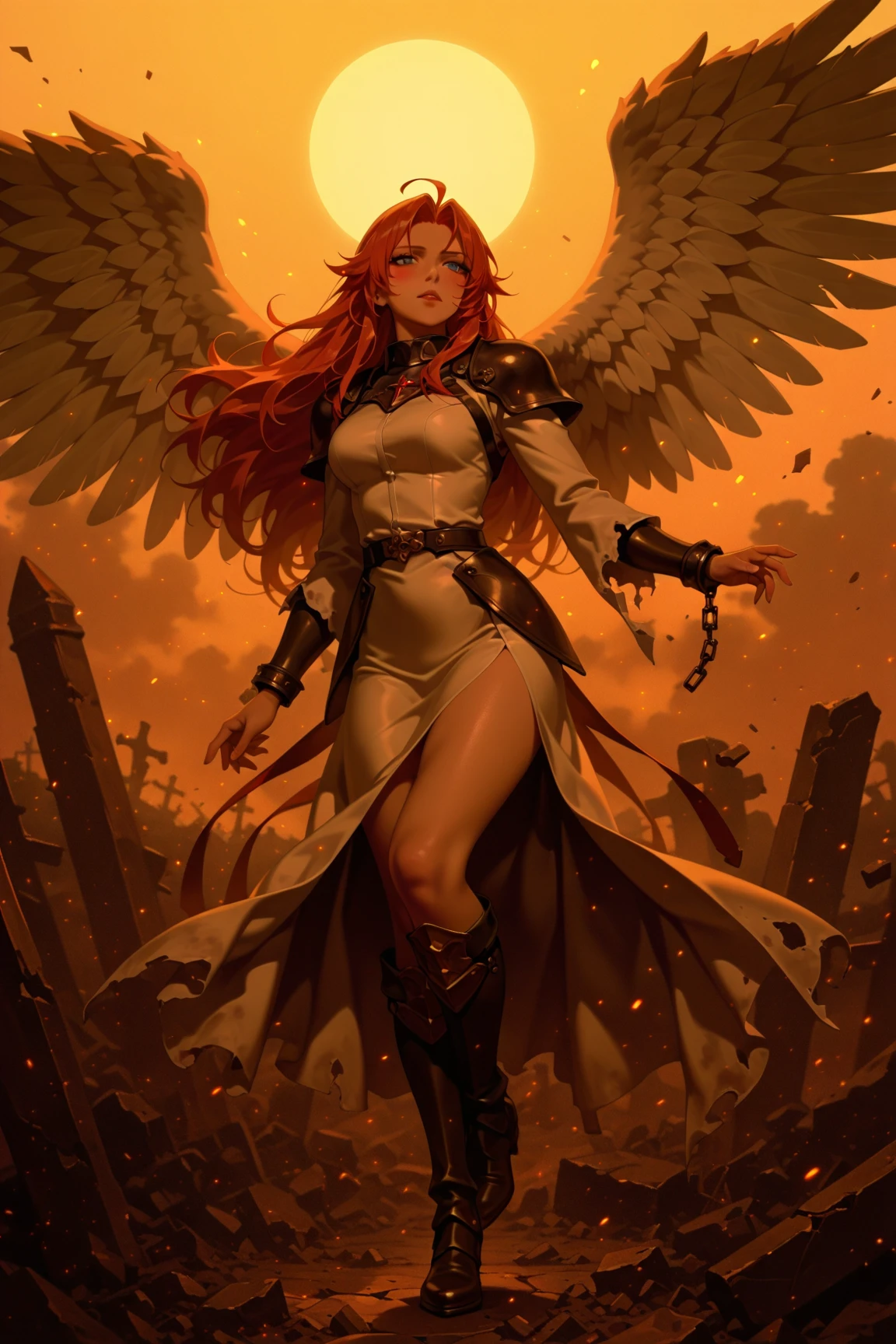 In this awe-inspiring digital masterpiece, immerse yourself in a world of darkness and fantasy. The air is thick with a dark red blood cloud, swirling ominously in the night sky. A striking girl, with a perfect face and an alluring yet unsettling presence, takes center stage.
BREAK 
With one hand, she wields a blooded long katana, oozing with an aura of ancient power. In her other hand, she holds an ancient shotgun, a testament to her mastery of both close combat and ranged attacks. Her tall, statuesque figure exudes strength and determination, poised in a battle-ready stance.
BREAK 
The night is her domain as volumetric lighting casts ethereal rays, illuminating her translucent skin and accentuating her striking features. A sense of mystery and danger permeates the scene as muted colors and darkness cloak the underground castle and graveyard that surround her.
BREAK 
A red cape billows behind her, adding a touch of drama to the scene, while her flowing red hair cascades down her back like a fiery waterfall. A crazy smile plays upon her lips, revealing a hint of the madness that resides within her.
BREAK 
As she walks through the crimson rain of blood, a crow perches on a gravestone nearby, serving as a chilling omen of the darkness that lies ahead. The atmosphere is ripe with fantasy and adventure, transporting viewers to a world where danger lurks around every corner.
BREAK 
This ultra-detailed illustration is a testament to the artist's skill and attention to detail, capturing every nuance of the scene with awe-inspiring precision. It invites viewers to marvel at the incredible level of artistry and craftsmanship on display, leaving them captivated by the sheer intensity and allure of this dark and powerful female warrior.