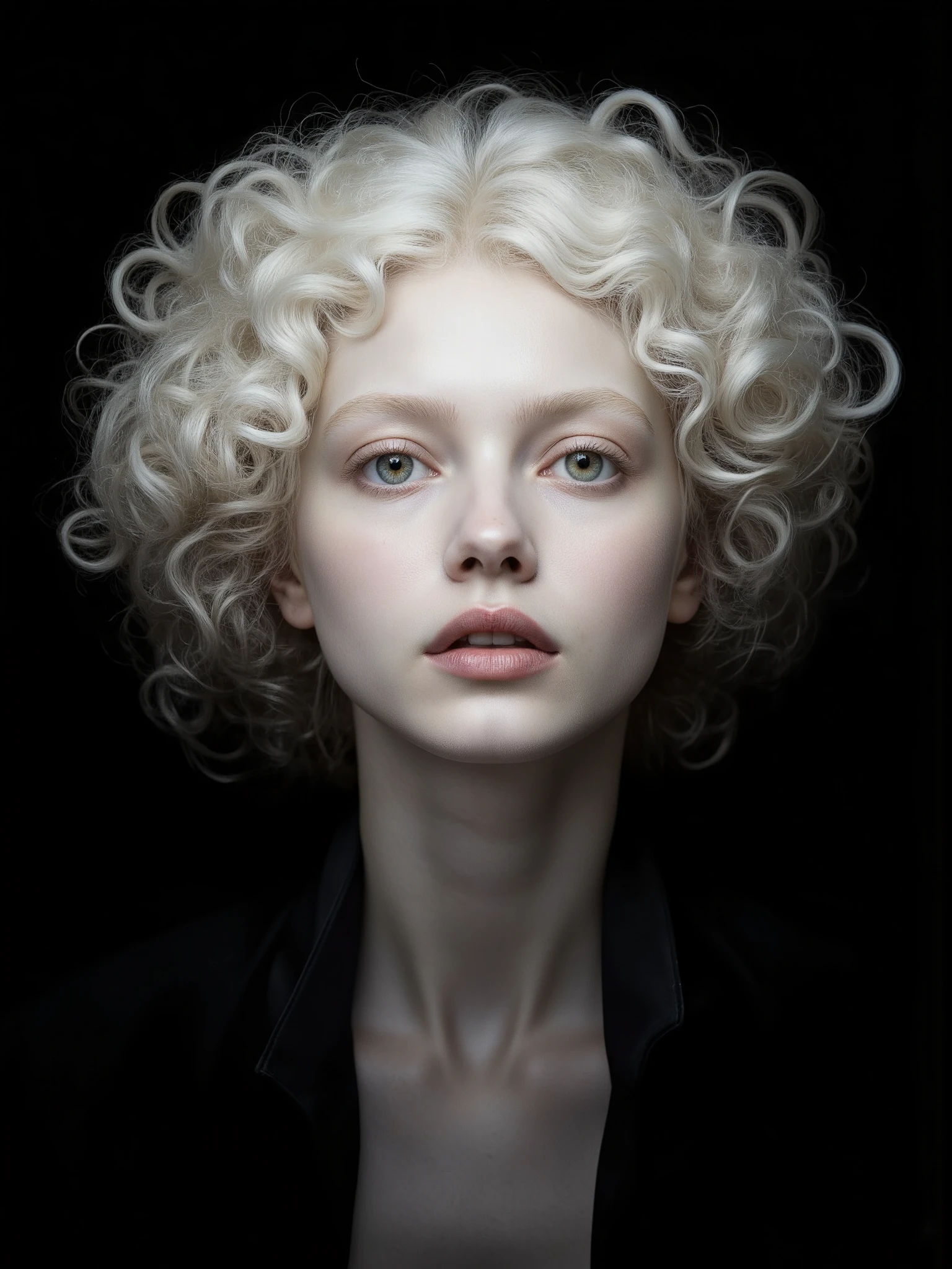 large portrait, fantasy art, hyperrealistic, detailed,  editorial portrait , супер detailed and сложный,  magical , mysterious, albino, big light eyes, white curly hair, collected in a bundle, long neck, elegant pose,  aristocratic , gorgeous,  camera half-open mouth, highlighted hair, complex light, detailed eyes,  black background. 32K.  a Canon EOS 5D Mark IV and lens Canon TS-E 50mm f/2. 8L MACRO