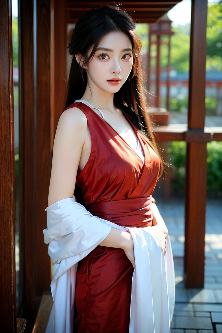 best quality, masterpiece, highres, 1girl, china hanfu,chinese architect background, red scarf, hair ornament,jewelry,Beautiful face,upon_body, tyndall effect,photorealistic, dark studio, rim lighting, two tone lighting,(high detailed skin:1.2), 8k uhd, dslr, soft lighting, high quality, volumetric lighting, candid, Photograph, high resolution, 4k, 8k, Bokeh,red dress girl, (natural big breast).