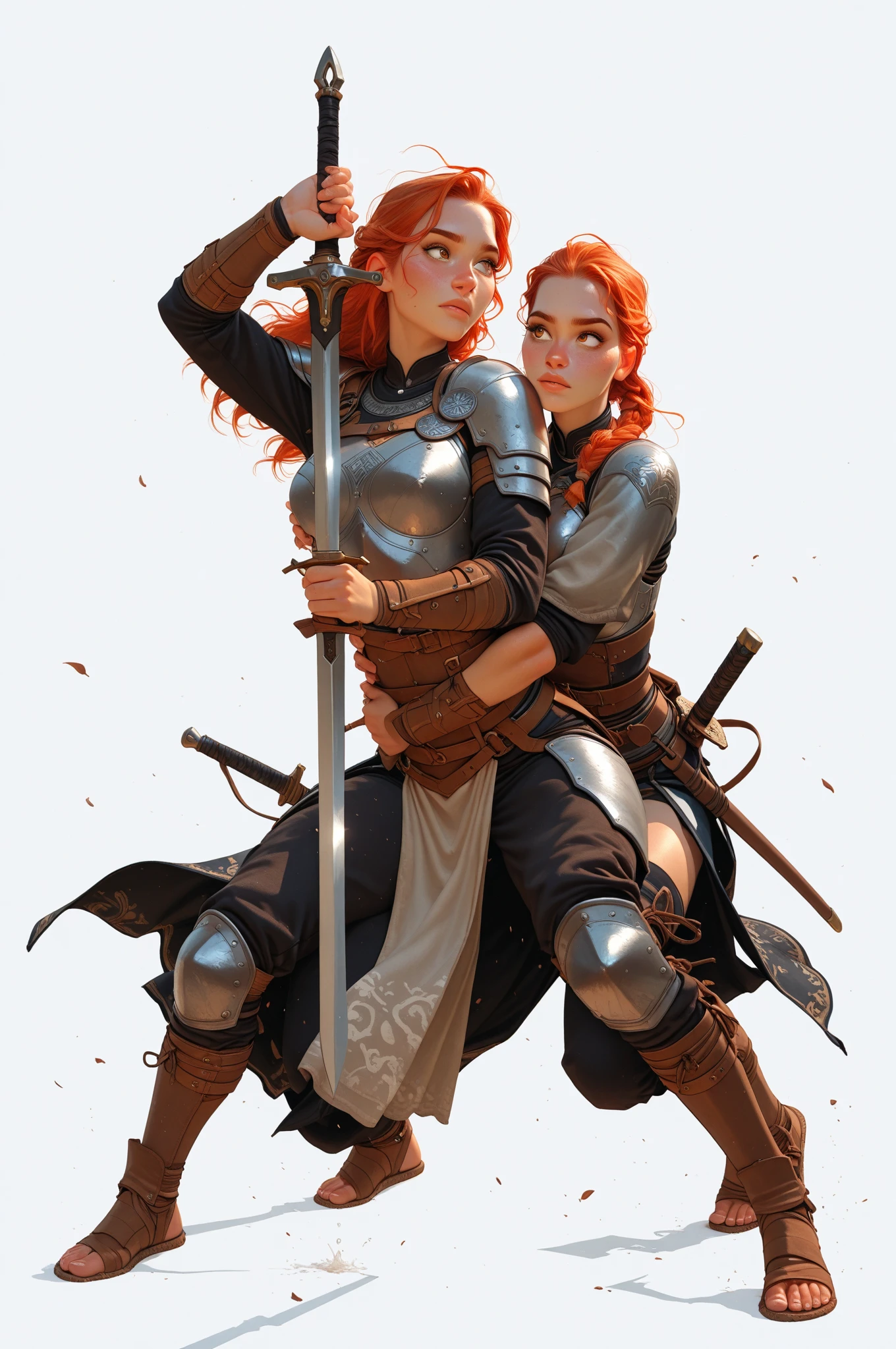 they are two women in armor holding swords and posing for a picture, triss merigold cosplay, alena aenami and artgerm, fantasy character photo, magali villeneuve and monet, aly fell and artgerm, fantasy photoshoot, witcher)), by Adrian Zingg, edgar maxence and ross tran, bottom angle, inspired by Magali Villeneuve