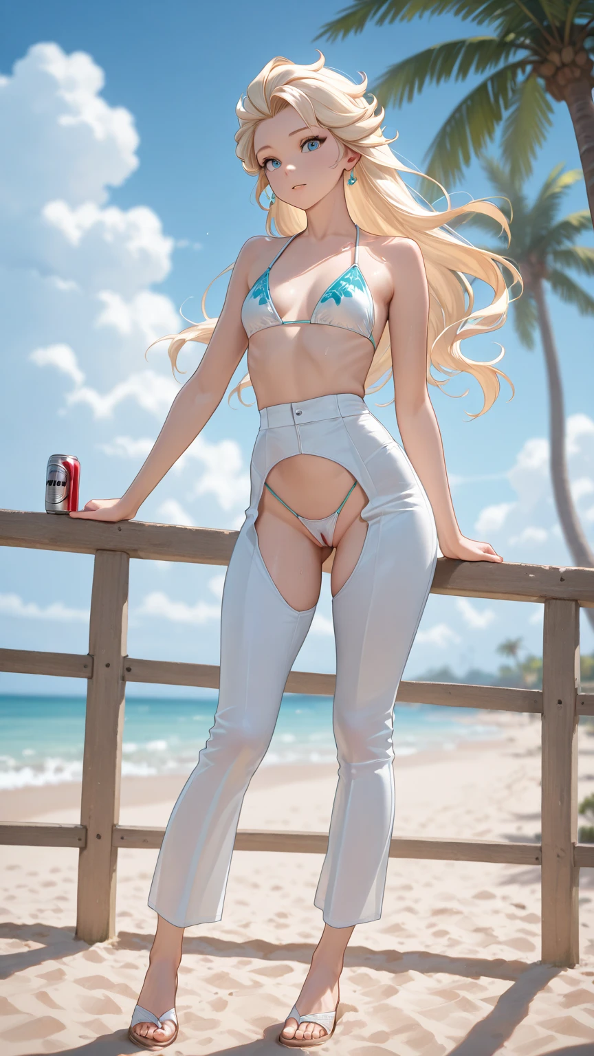 masterpiece, best quality, detailed, absurdres, standing, looking at viewer,
beach, outdoors, hot, from behind,
th1nbodysu1t, smile, BREAK
white long sleeve bodysuit, BREAK
25 years old, araffe adult French woman,
medium hair, high ponytail, red hair with blonde highlights,
<lora:th1nbodysu1t:0.8>
