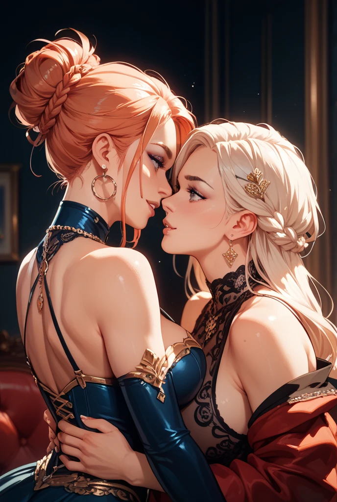 2girls, (one is a female elf, short red hair, blue eyes, curvy body, full pouty lips, off the shoulder black mini dress, black high heels) (other one is a female elf, short blonde hair, blue eyes, slim body, full pouty lips, black lace mini dress, black heels) Dancing super close at a dance night club, facing each other, kissing passionately, lips pressed together