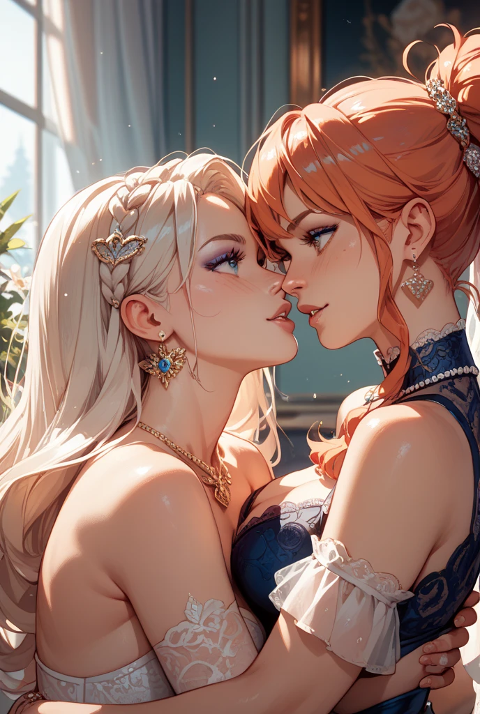 a purple hair wizard girl kissing a blonde woman with ice powers

