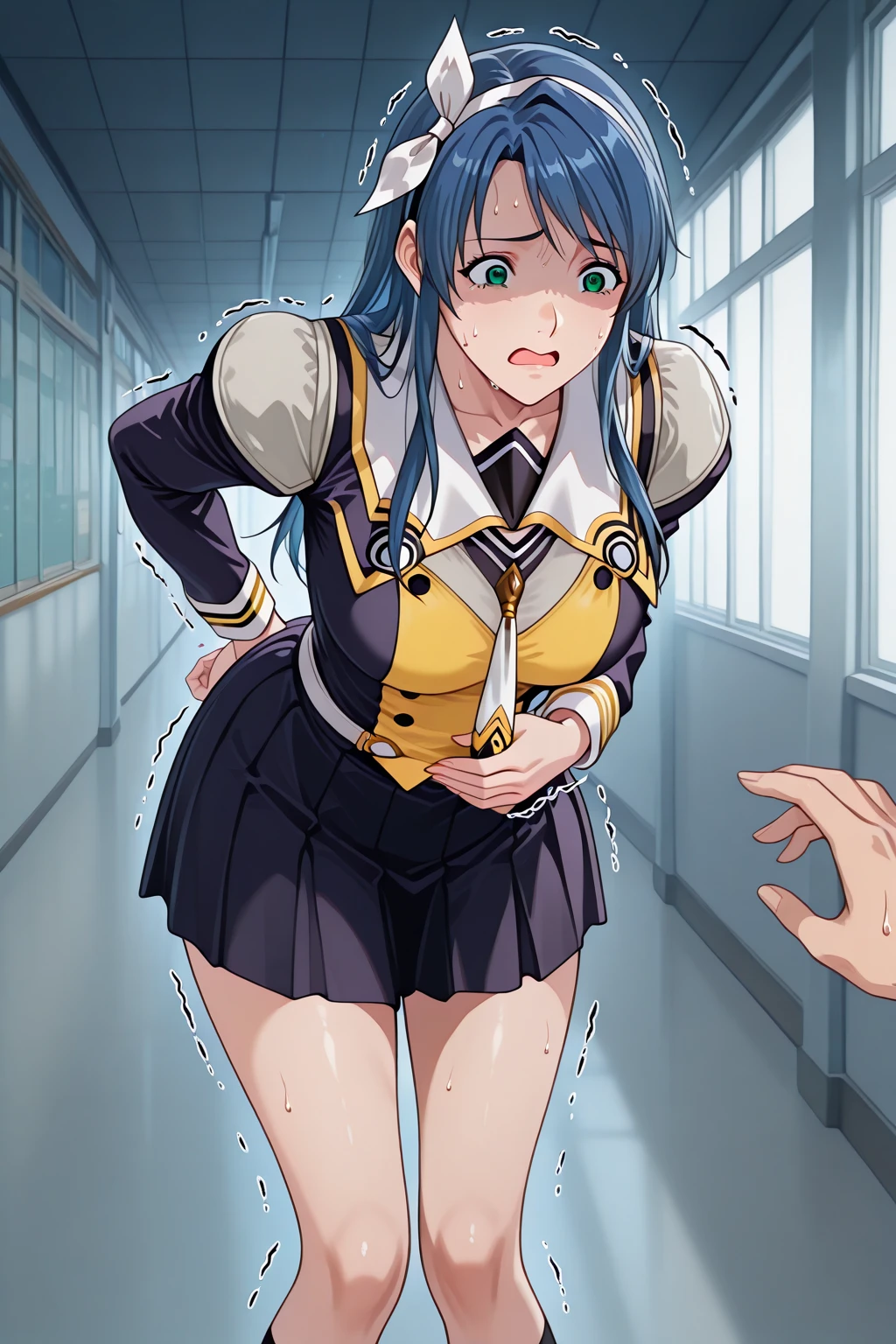 NSFW,masterpiece,Highest quality,High resolution,Super detailed,Roxy Migurdia\(Mushoku Tensei ～If you go to another world, you'll get serious～\),Small breasts,Blue Eyes,Blue Hair,Long Hair,Braid,Twin Blade,(teacher),(gentlemen),Iron Collar,Astonishment,Embarrassed,sexual excitement,Estrus,blush,((Squirting)),Sweat,heart,School,classroom,(male),Having sex,Insert,Creampie,Are standing,forward leaning posture,From the side,(Blowjob),(Deepthroat),Suck a dick