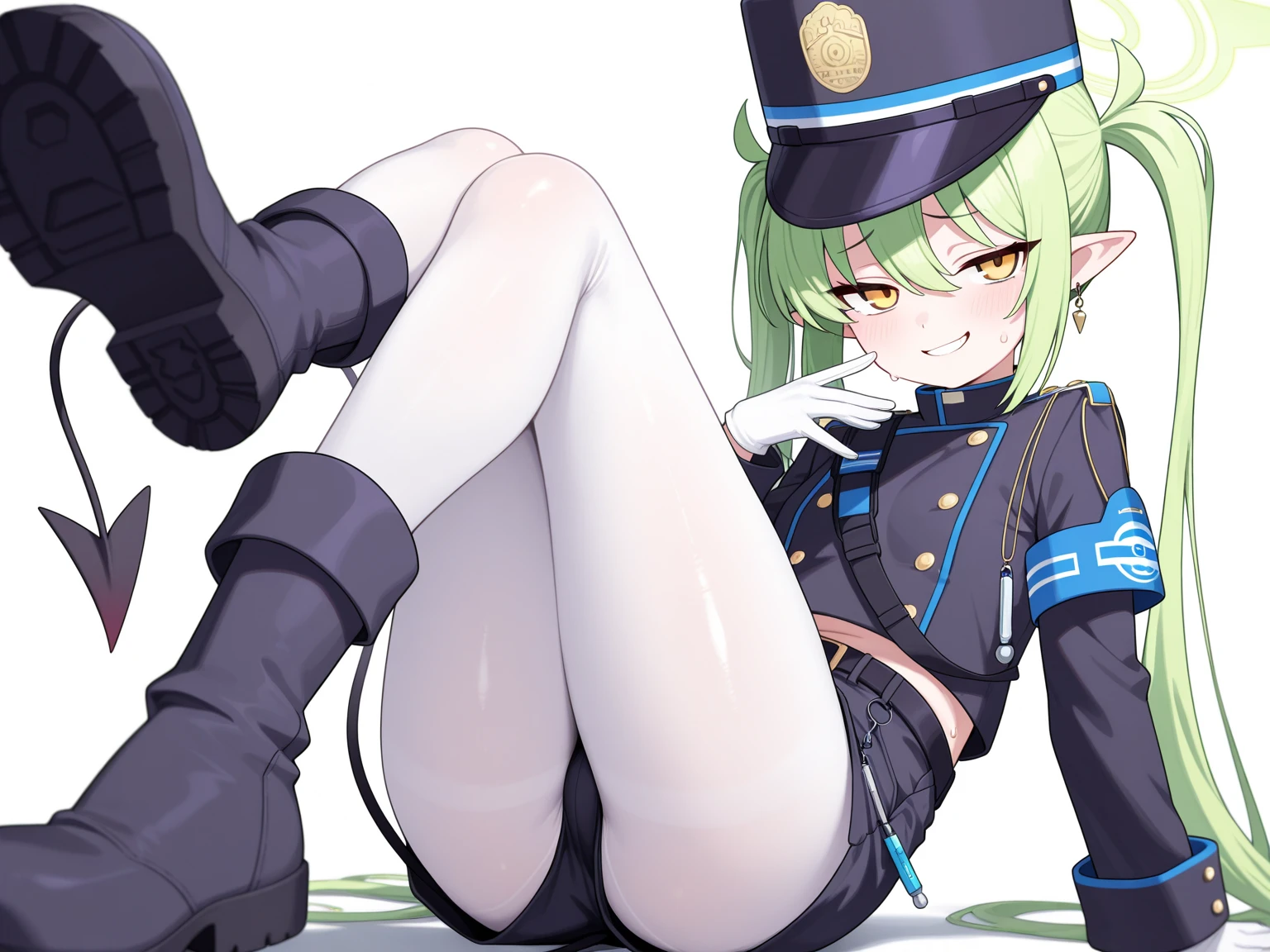 woman、Braid、Big Breasts、(Big Breasts:1.8)、Glasses、blue eyes、Green Hair、(Daytime park background)、Primary school students、(Primary school studentsの男の子に見られている)、(Primary school studentsの女の子に見られている)、My hair is messy, Black gloves, White socks, Police uniform, Black Skirt, Short sleeve, Cowboy Shot, salute, Put your hands on your hips,Thong underwear,String Panties,Pubic hair sticking out,Pubic hair sticking out,The nipples are erect,Nipples are erect, close your eyes, Tears in the eyes、Open your mouth, What saliva leaves behind, Wet skirt hem, Sticky panties, Bulging of the vibrator cord, Vibrator with Garters, I can see her pussy,The vaginal opening is visible,The vagina is visible,The female shadow is visible
