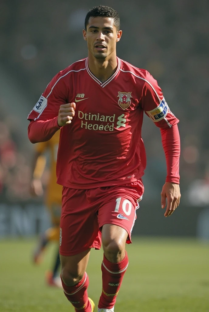 Cristiano Ronaldo with the shirt of the America de Cali soccer team, the shirt is red with white and has the.symbol of an imp