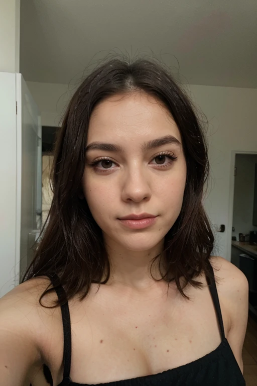 A pretty 17 year old girl with long hair with wavy bangs with a cute and pretty face