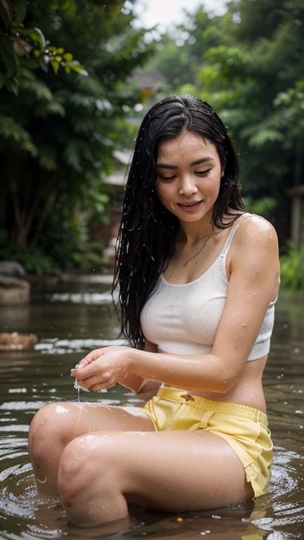Masterpiece, best quality, 8k, raw photo, photorealistic, portrait, 1 Thai woman 12 years old, long straight hair, wet hair, open forehead, sweet pretty face, perfect eyes, , High nose, face flushes, detailed skin, Detailed mouth, blushing, Charming smile, Neat look, , SoakingWetClothes, (Short sleeve t-shirt, white), extended downblouse, leaning forward, bent over, hands on own knee, tiny breasts, skinny hip, short pant jeans, slender legs, half body, she wet, standing on the water, narrow waterfall