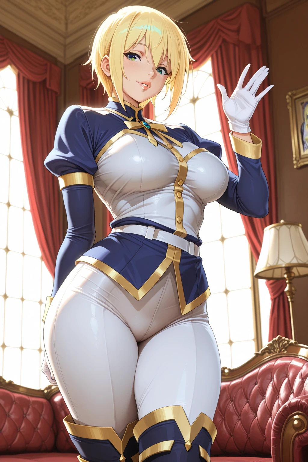 （One girl）、((short hair))、((Blonde))、（Sato Air）、((Big super breasts))、(Chubby)、beautiful girl、((Big thighs))、((Hanekge))、Blue Eyes、Navy blue leotard、No sleeve、(Princess Knight)、Bangs between the eyes、((thigh-high socks thighhighs))、(long gloves)、smile、((see-through))