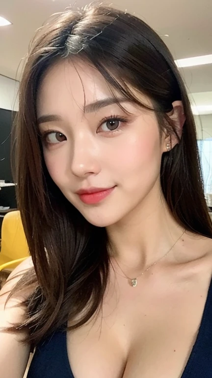 ,(kind eyes:1.4),huge breasts,(gorgeous young korean woman:1.3),pointy nose,straight hair,tongue,sweaty,look at viewer,off-the -shoulder sweater,shiny skin,cleavage,fellatio gesture,smile,at restroom stall