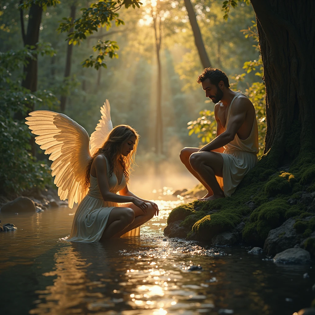 A handsome angel man bathing in a river and being watched by a woman hidden behind a tree
