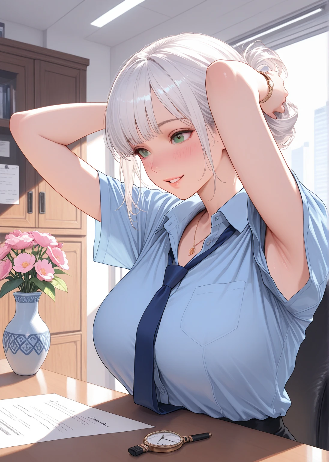 (masterpiece:1.3), High resolution, Very detailed, Highly detailed CG Unity 8K wallpapers, Realistic, photo-Realistic, RAW Photos, Beautifully detailed face, Pale skin, Realistic glistening skin, Detailed cloth texture, Detailed hair texture, Perfect body, Titty fuck,Beautiful Face, Accurate, Anatomically correct, Highly detailed face and skin texture, Natural neck length, (Beautiful Hands Air Skin:1.2), Thin legs, Thin legs,
BREAK,
Detailed eyes, Symmetrical eyes, Bright red eyes, double eyelid, Thin eyebrows, (Glossy Lips:1.4), ((Smiling Kindly, Wait for a kiss:1.2)), (blush:1.1),
BREAK,
(Elegant and cute:1.3), (He is wearing a classy light red button-down shirt.:1.2), (Wear a long pencil skirt:1.2), Close button,
Large Breasts, (Slim figure:1.1), Toned Abs, Beautiful clavicle,
(Silver Hair, Twin tails, Long Hair:1.2), ((Asymmetrical bangs:1.2)),
BREAK,
((Stand at the reception, Leaning forward:1.1)), (In a modern office building in Japan:1.2), (Face close-up:1.2), View your audience, from the front,((Big Breasts))