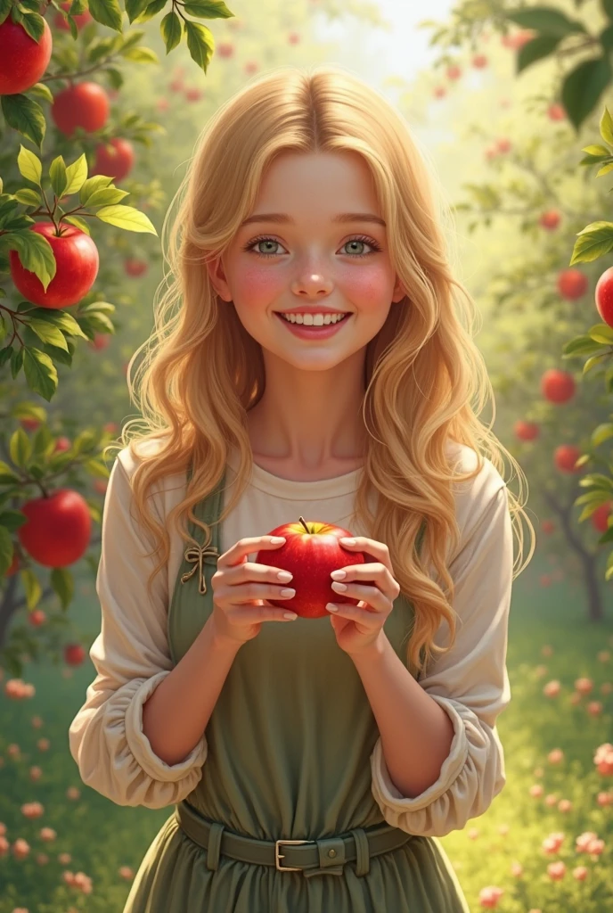 There is a BLONDE girl holding two apples in her hands, eating rotten fruit, holding an apple, with apple, apples, girl wearing uniform, children, photo bank, children, red apples, snow white portrait, wearing school uniform, wearing a school uniform, one holds apple in hand, 3/4 see portrait, children, bank image --auto --s2