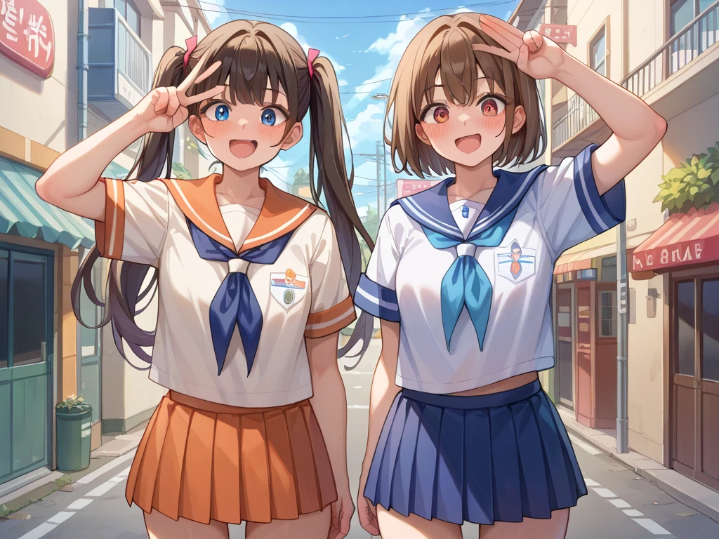 (highest quality:1.4)、ultra high resolution、detailed background、masterpiece、Anatomically correctNew、(Detailed beauty new face:1.4)、cute teenage girl、brown hair、cute hair color、braided bob、braided hairstyles、huge breasts:1.2、realistic、perfect body line、first time々New、Japanese high school、In front of the main gate of the school、Stand in front of the main gate、Entrance ceremony、(Two beautiful girls show their panties in front of the main gate of their high school:1.5)、navy blue sailor suit、white sailor collar、navy pleated mini skirt、white knee high socks、cowboy shot、panty shot、
A big smile、Looks like fun、cute gesture、peace sign、cute