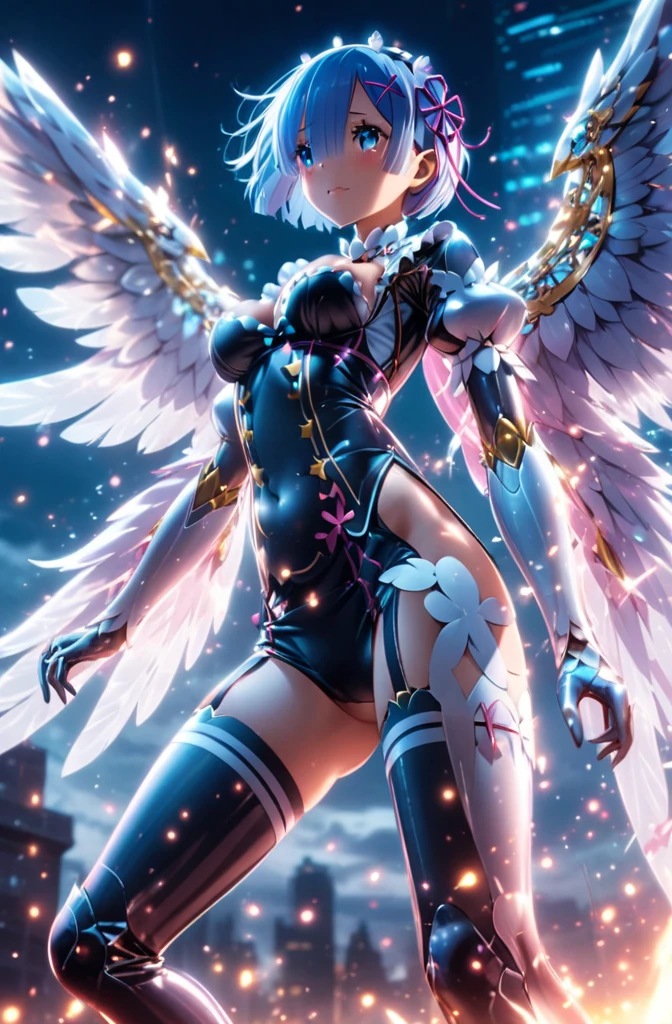 Highest quality,Highest Resolution,Smiling beautiful girl in maid leotard,White angel wings on your back,Halo,High leg,Frills,Knee-high stockings,front,whole body,up,universe,Milky Way,meteor,Very beautiful eyes,
