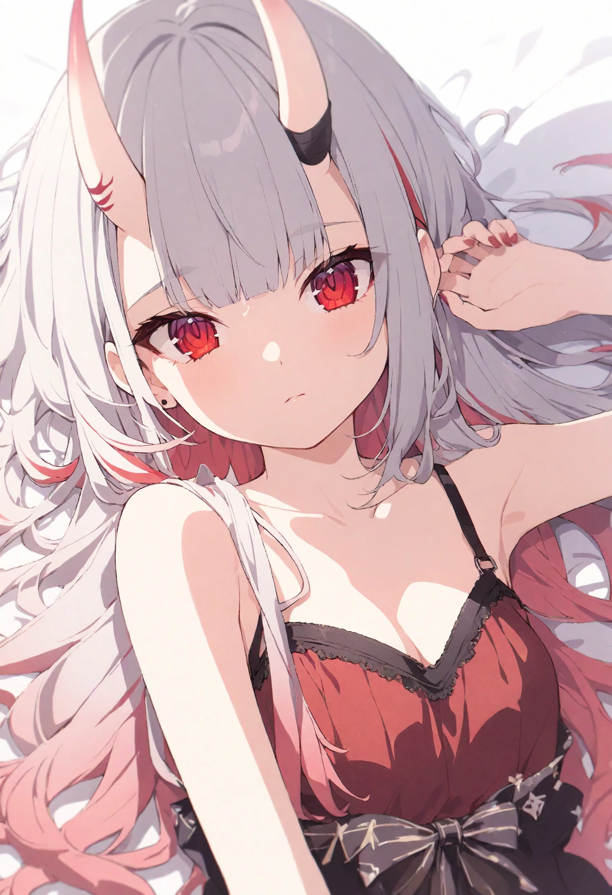 (muste piece), (best quality), (score_9, score_8_up, score_7_up), very detailed eyes, expressive eyes, perfect face, very detailed face, highly detailed face, beautiful girl, 8K, beautiful girl, (white background:1.3), delicate and beautiful face and eyes, dark intense shadow, 1 girl, solo, vtuber style, cool girl, hololive, vtuber,1 girl, vtuber style, cool girl, hololive, vtuber, 1girl, Nakiri Ayame, multicolored hair, grey hair, gradient hair, long hair, oni horns, red eyes, messy hair, see-through:dress pajamas, red bra, small breast, soft breast, cleavage, clavicle, half-closed eyes, sleeping, breathing, (upper body), sleeping face, lying on bed, one arm on forehead,