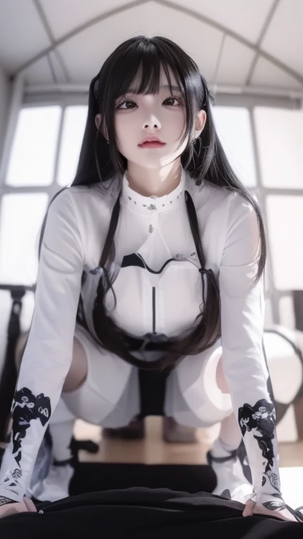 Raw foto,infirmary, curtains, 1girl, nurse, white dress, masterpiece, best best quality, masterpiece, (extremely delicate and beautiful:1.2), blurred background, looking at the viewer, 1girl, solo, fashi-girl, red lips, blush, bdsm, bodysuit, corset, shibari, handcuffs, collar, (suspension: 1.6), chest out, bound hands, hands behind the back, discreet, leaned forward, high detail