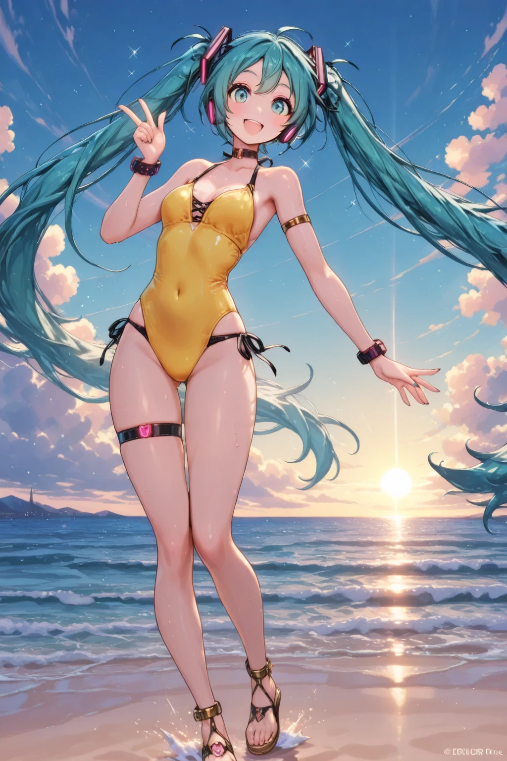 summer bb, fgo, (dark-skinned female, gyaru:1.1), solo, smile, purple eyes, long hair, purple hair, red hair bow, neck ribbon, slingshot bikini, white gloves, barefeet, loli, squatting, arms behind head, armpits, pov, cameltoe, small breasts, small body