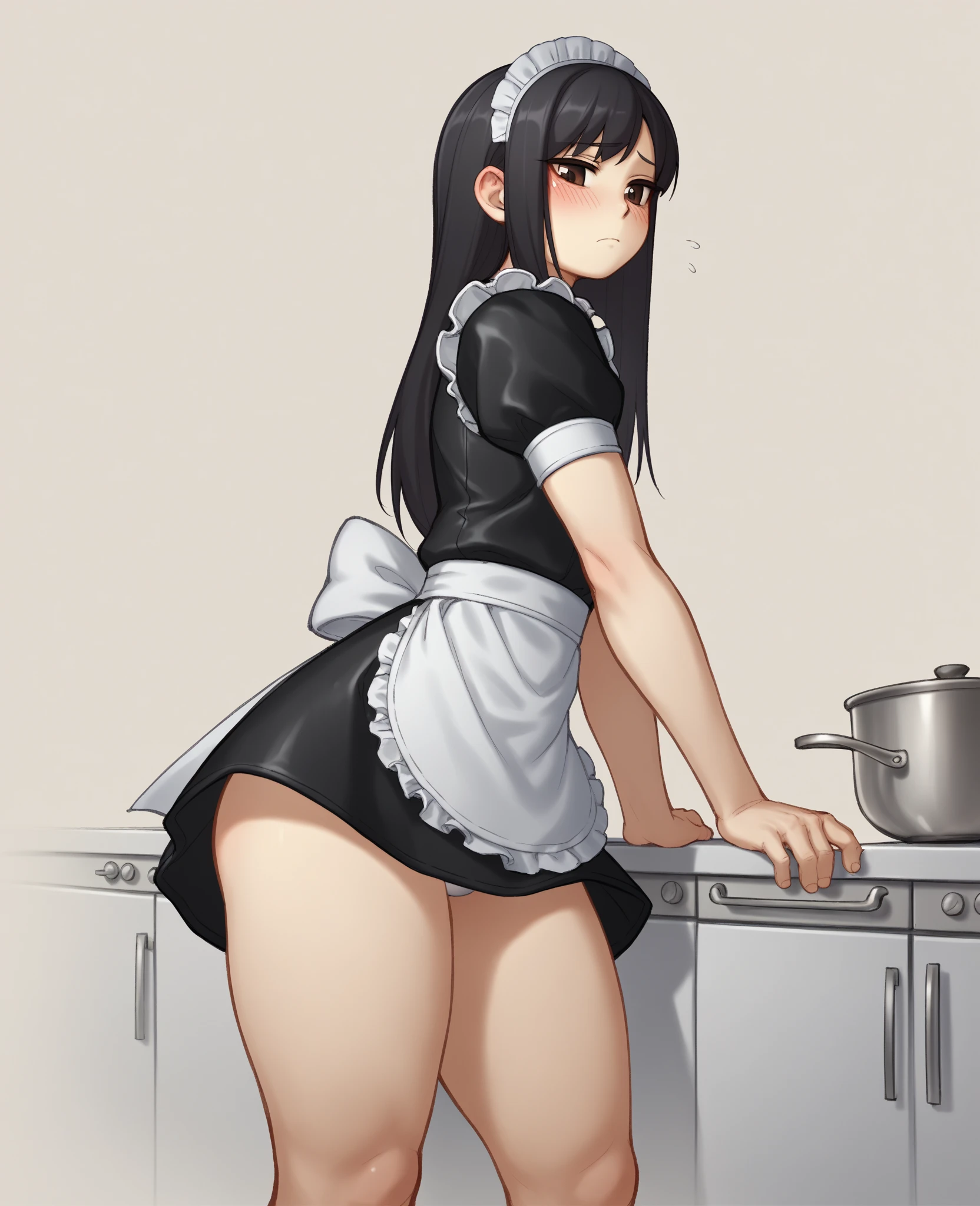 score_9, score_8_up, score_7_up, score_6_up, score_5_up, score_4_up, (source_anime), 1girl, (( white woman, short black hair, small breasts, puffy nipples, big Thighs, big ass, mature woman, dark nipples, brown nipple)), Distant vision, Low Illumination, Kitchen, Maid outfit, black skirt, breast milk, sucking in the baby bottle