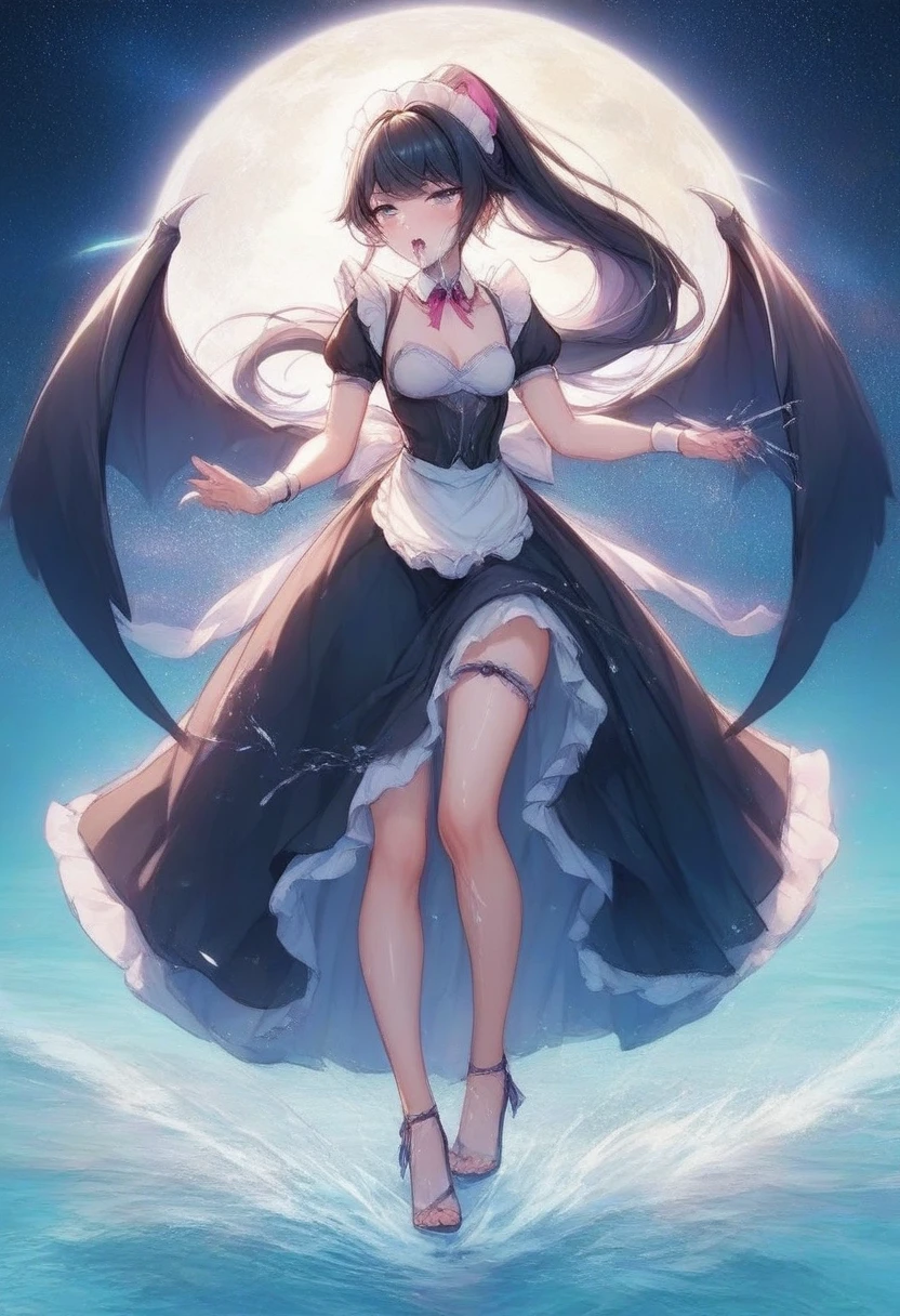 best quality, super fine, 16k, incredibly absurdres, extremely detailed, delicate and dynamic, cute and beautiful pretty vampire, big blue eyes, grin, blonde short messy wavy bob cut and bangs, captivating look, aroused expression, wearing white dress with white lace and frills, white short boots, superlative body proportion, big purple wings like a devil or bat, red glossy lips, background on a white cloud and pastel colored dots, pop art