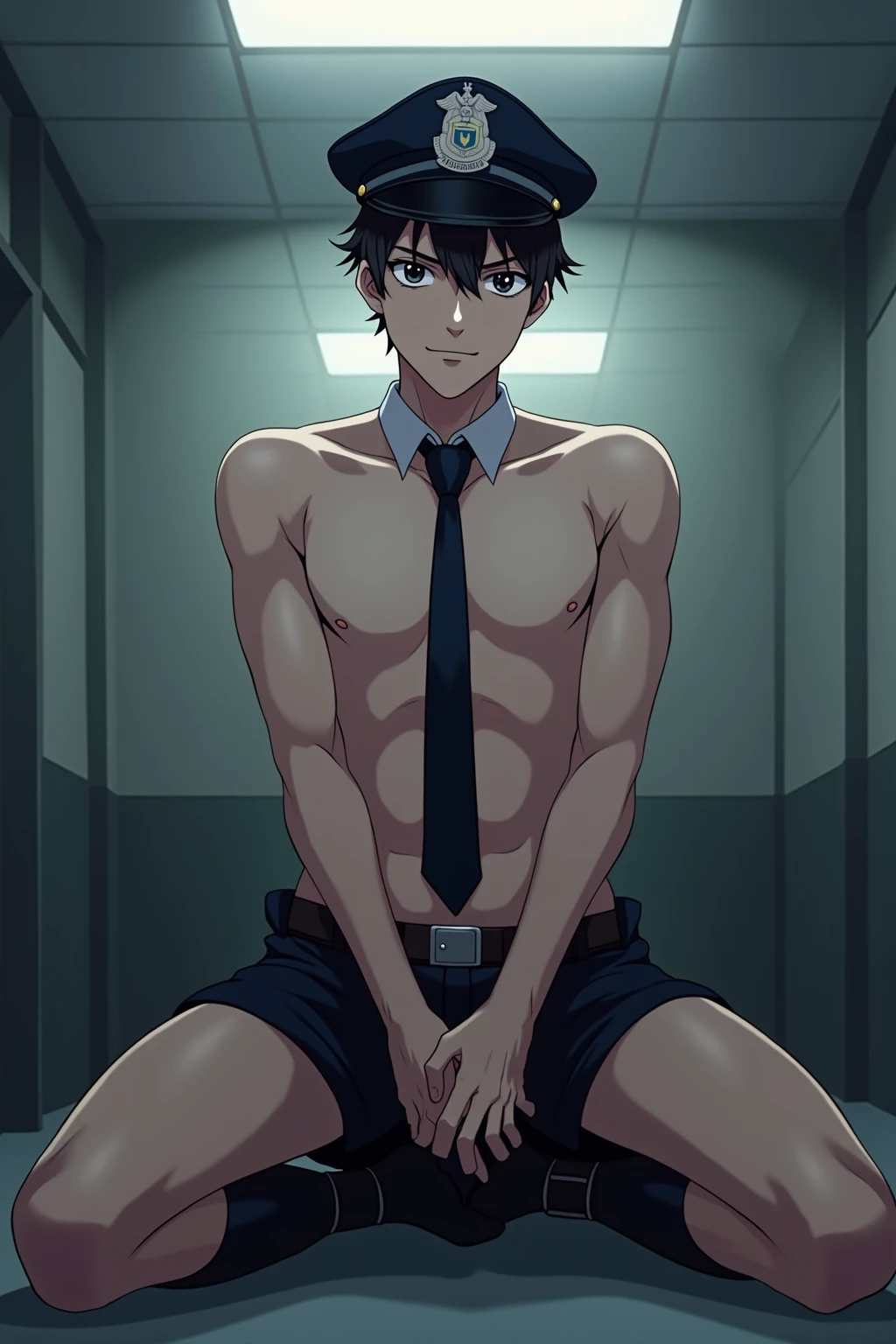 Close-up of a man with short dark hair and a black leotard, anime moe art style, seductive anime men, ( ( stop 4 # ) ), short black hair anime man, anime best man, naughty anime style, Anime man wearing a black leotard, High School D×D, College DXD, Dress Up Darling Anime, attractive anime man, beautiful charming anime teen, male focus, Cool anime men, Bare shoulders, bare legs, bare arms, bare thighs,