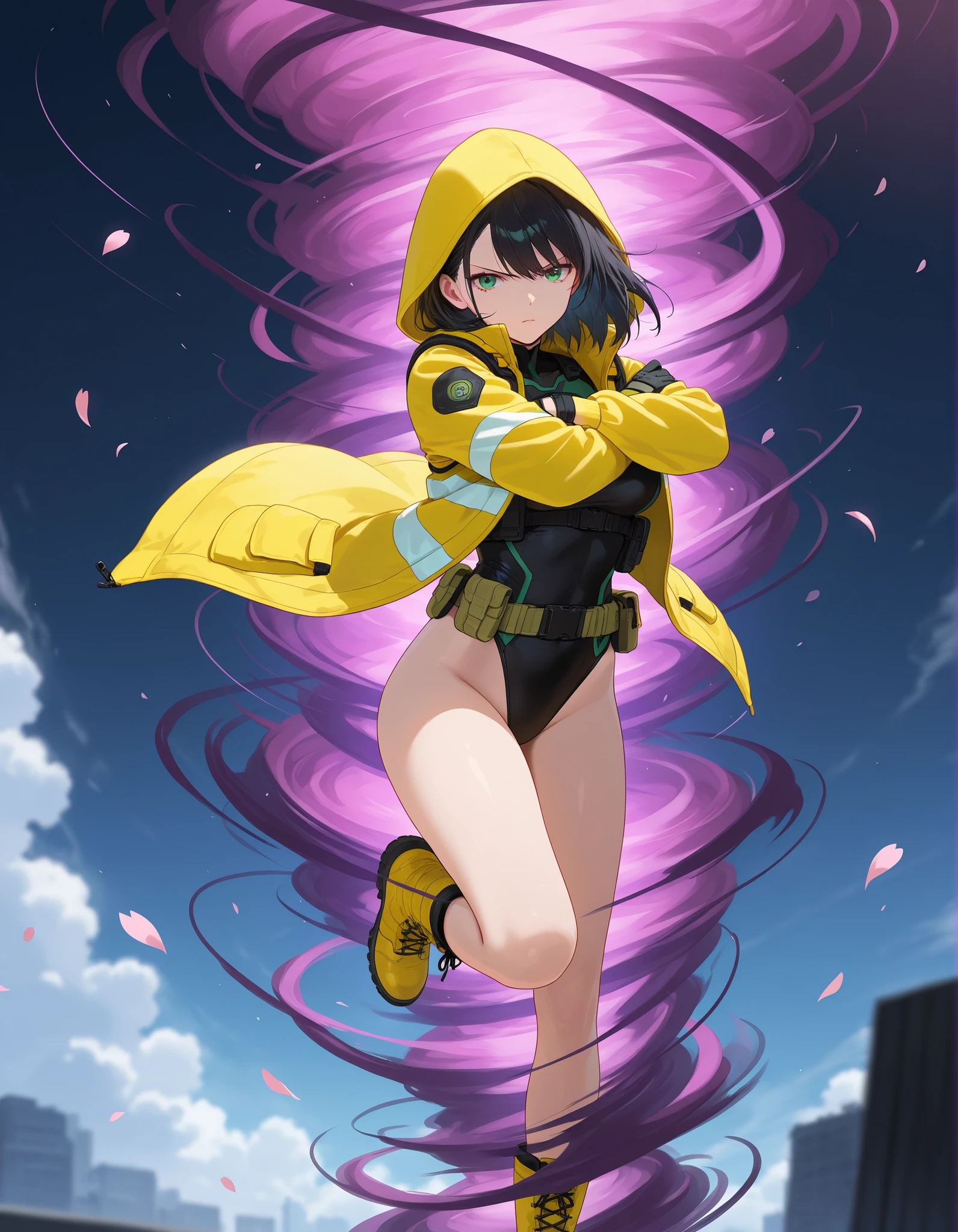 masterpiece, best quality, high res, 8k, 1girl, solo, solo focus, full body shot, (black hair, medium hair, medium breasts, green eyes), ninja, perfect anatomy, cyberpunk style, ((load-bearing vest, belt, black gloves, (black leotard, yellow hooded jacket), bare legs, yellow combat boots, matching boots)), Japanese Garden backdrop, cowboy shot, (body induced with black aura:1.2), (fast spin, dynamic whirl pose, spins fast in place like a tornado:1.2), whirls fast in place like a tornado:1.2, tornado whirling, spiral lines around her:1.2, speed lines around her:1.2, storm winds around her, whirls into a tornado, (she whirls) at (super speeds), full body costume design, she super-spins, whirlwind, dust particles, cherry blossom petals around her. crossed arms, serious expression)