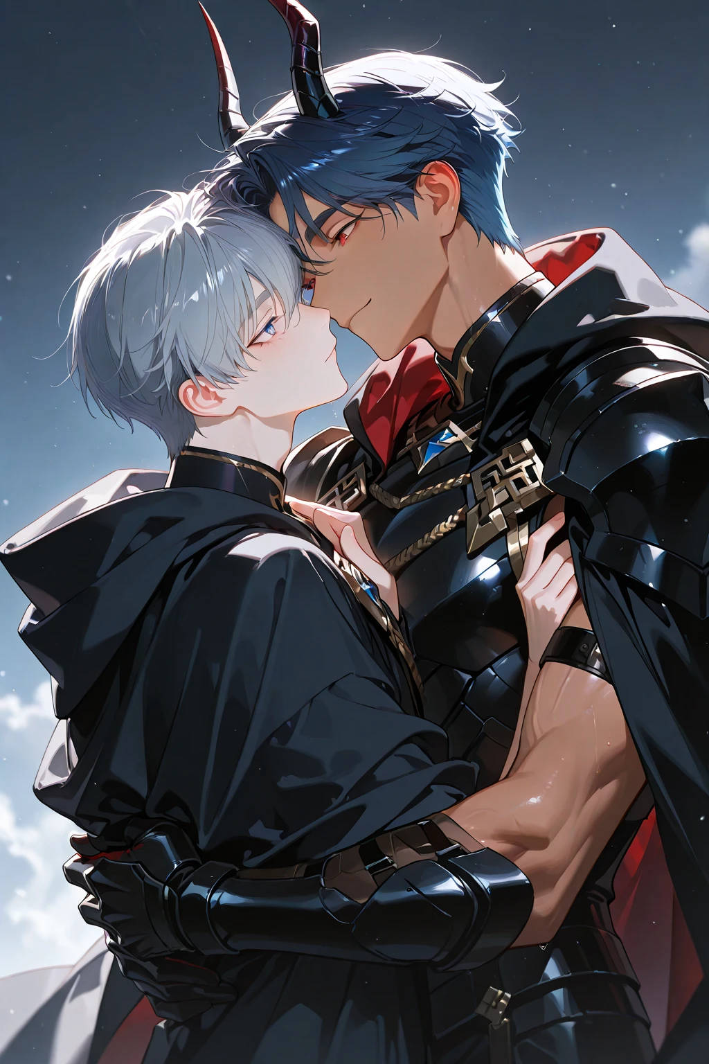 (2 adult men),high resolution, sharp focus, pixiv masterpiece, ((intricate details)), very detailed, Natsuki_subaru, 2 people,kiss each other,((wearing tight armor)),The look of a perfect man,다리에 Pee, I lower my head nervously.,be ashamed,Panic,Exciting,I was shocked.,Panic,care,그 주위에 Pee 웅덩이가 생겼습니다.,((I want to pee,unbearable)),((get wet,light나는 몸,highlight,shiny,light,light나는,Wet body)),Pee 분비물,Telegraph slang,sit astride,tired,Decadent, black eye(light나는 눈), short gray hair,White armor,tie your belt,Cloaked,Cloak,shoulder armor,breathe,흠뻑 get wet,get wet,Pee,Pee이 성기 아래로 흘러내림,see below,spread your legs,hands behind legs,((without pants,1 sexy big biggest and longest male penis)),(grab one's penis,insert,1명이 다른1명 에게 자신의 성기를 insert),