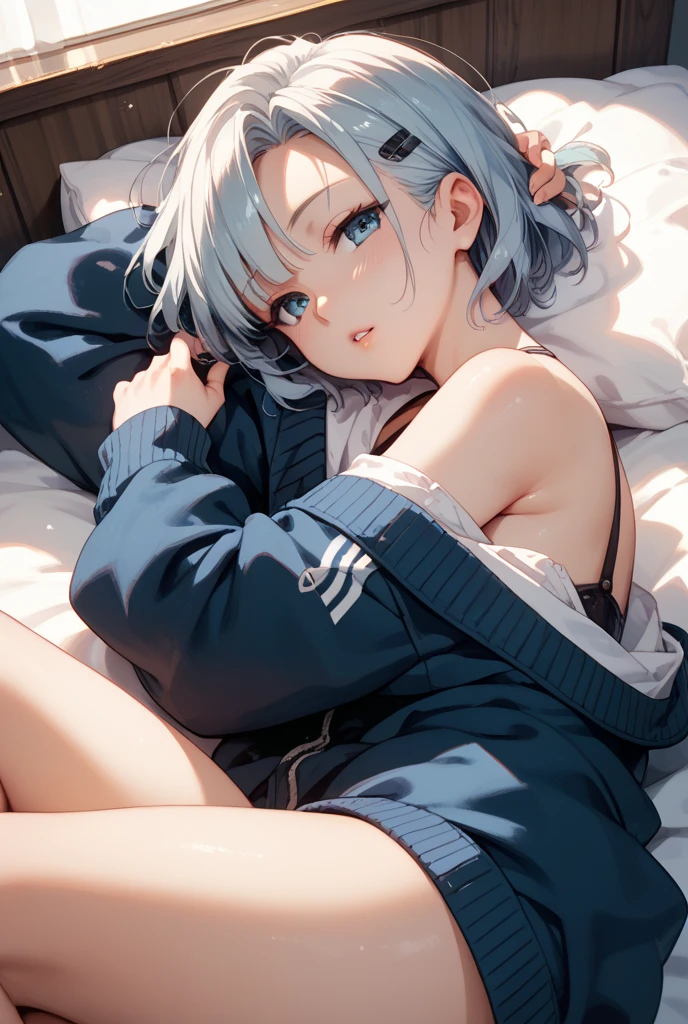 Anime characters with white hair and blue eyes, anime visual of a cute girl, Anime moe art style,Girl with short white hair, Shoujo white hair young anime girl, official character art,Heterochromic pupils,Wear high-top sneakers,White sailor suit,blue accents,red hairband,Lie down in bed,flatchest,Short ponytail hair,White high-top flats in hand,chiquita,fully body photo