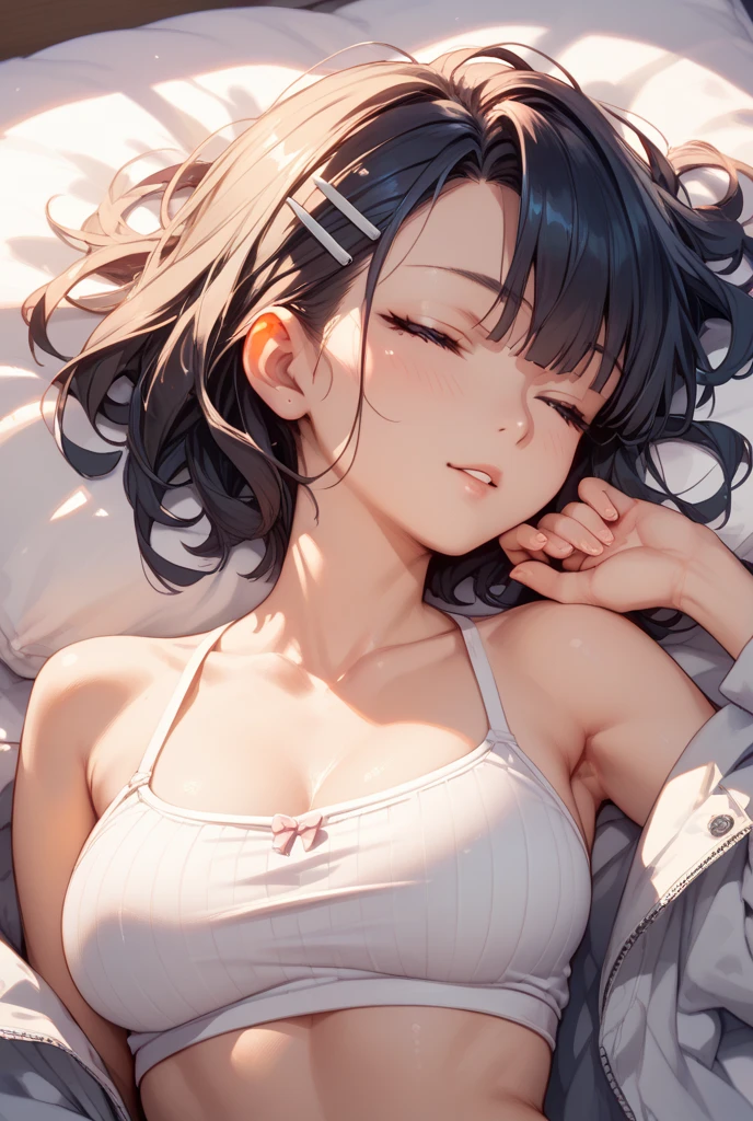 1 woman lying in bed, whole body, slightly open eyes, sleepy eyes, short bob hair, boyish, A cord is connected to the nape of the neck, white bed, ultra detailed, masterpiece