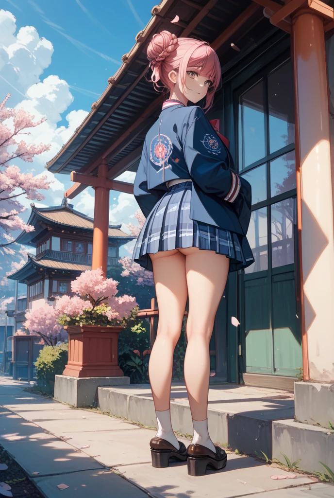 masutepiece, Best Quality, Detailed beautiful face and eyes, Full body, The best illustrations, PastelColors, (jpn、Shrine 1.4), Red torii gate, beauitful face, blurry backround, 10 year old beautiful girl, shinny skin, (１The tail of a cat in a book grows:1.3), Sharp pupils, Realistic pupils, Glowing red hair, bob cuts, Eyes are yellow, Cat's ears, Floral hair ornament, Happy expression on face、Curve, (a sailor suit、plaid skirts、knee sox:1.2), facing front、PAW Pose、White panties are visible