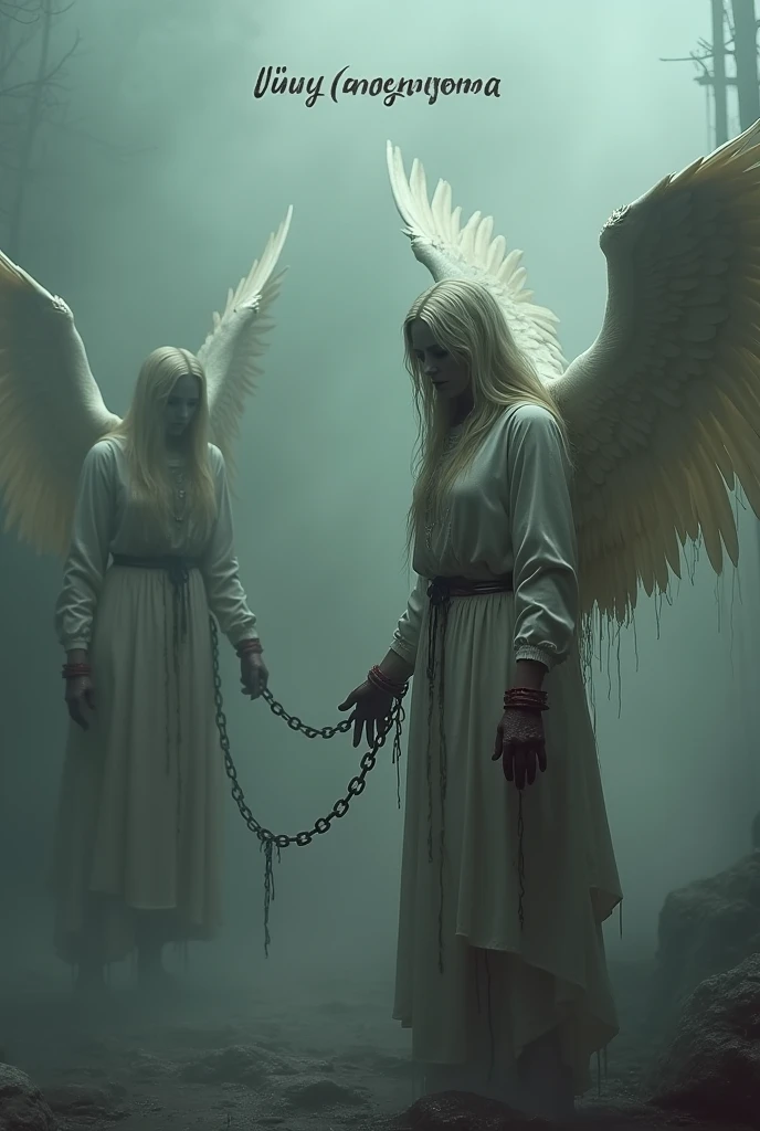 An angel with chains on his wings cannot fly because of the chains, blood is dripping from his wings