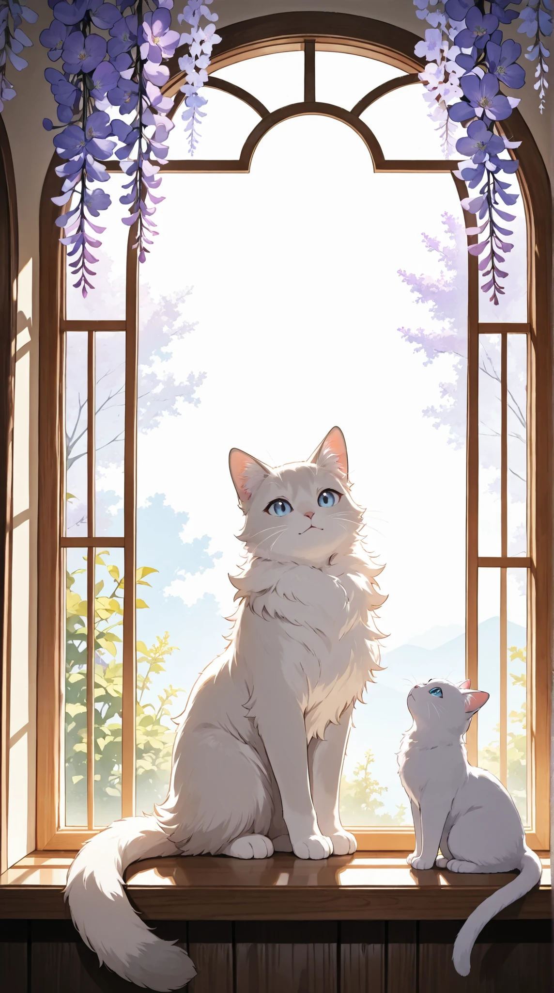 A fluffy, light gray and white cat with large blue eyes, sits in a sun-drenched window seat framed by pastel purple flowers,  exuding a soft, dreamy aesthetic with a painterly, detailed style.