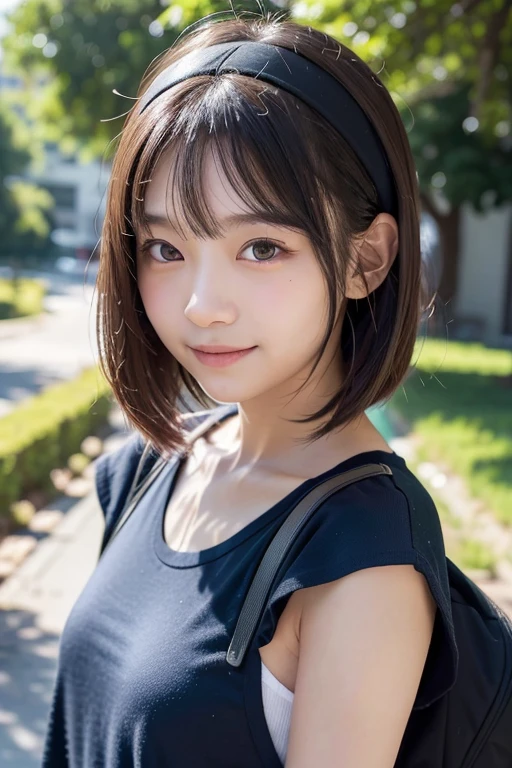 ((Highest quality)), ((masterpiece)), (detailed),15 years old,Girl,nude,(Blue Eyes),smile,Mountain trail,stroll,Backpack,Small breasts,Bob Hair,See-through,(Upper Body),
