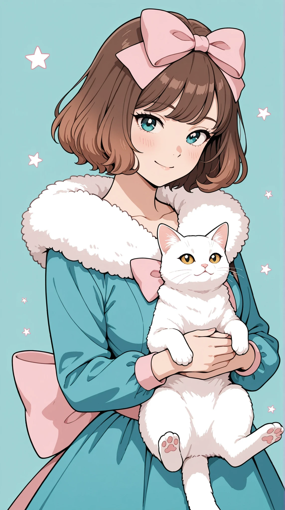 A pin-up style illustration of a woman with long brown hair, wearing a teal dress with faux fur trim and large pink bow, holding a white cat; the style is reminiscent of 1950s pin-up art, with a soft, pastel color palette, and a focus on exaggerated features and curves.  The image features a turquoise background with scattered pink star-shaped highlights and fluffy textures, ultra-detailed, intricate details,masterpiece, best quality, amazing quality, hyper-detailed, newest, very aesthetic 