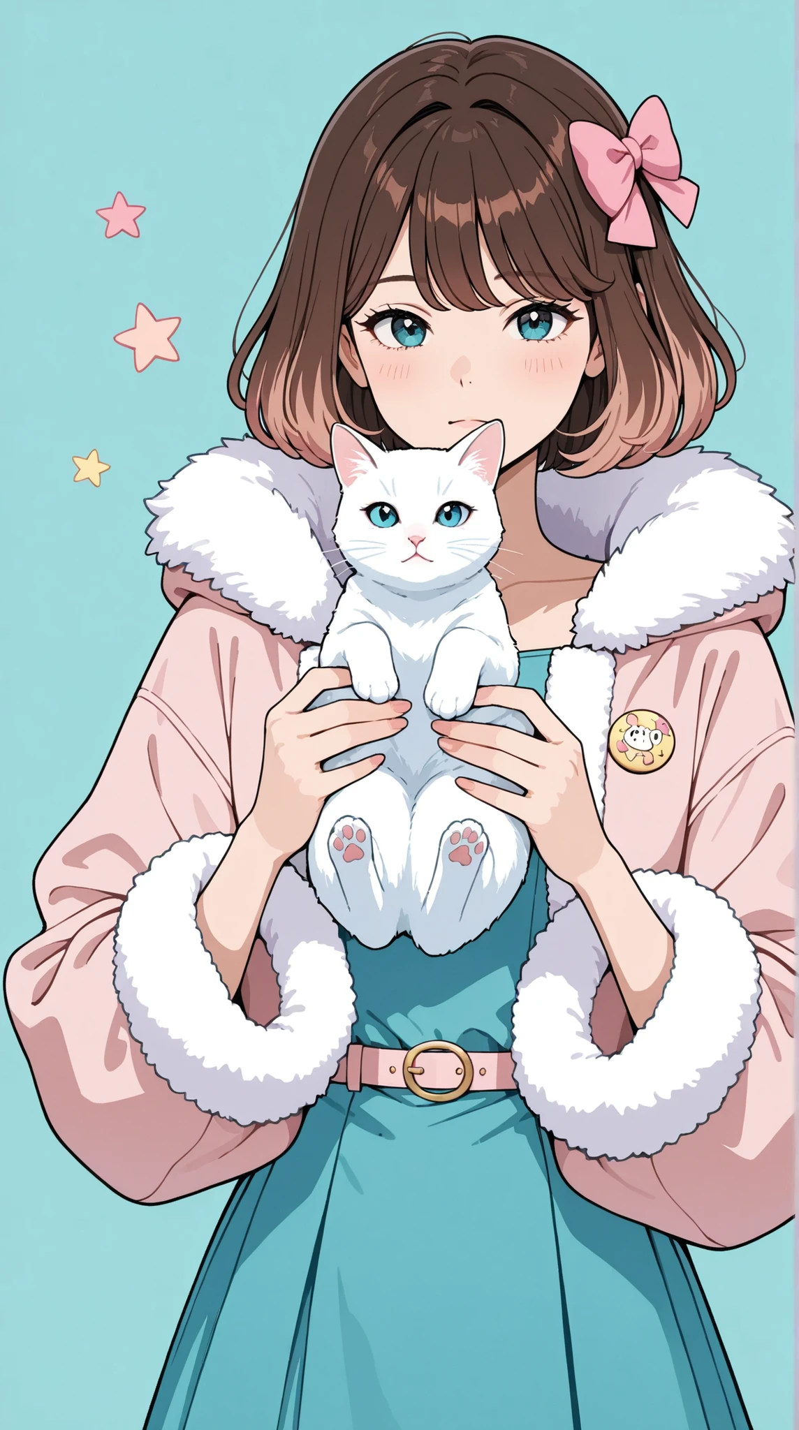 A pin-up style illustration of a woman with long brown hair, wearing a teal dress with faux fur trim and large pink bow, holding a white cat; the style is reminiscent of 1950s pin-up art, with a soft, pastel color palette, and a focus on exaggerated features and curves.  The image features a turquoise background with scattered pink star-shaped highlights and fluffy textures, ultra-detailed, intricate details,masterpiece, best quality, amazing quality, hyper-detailed, newest, very aesthetic 