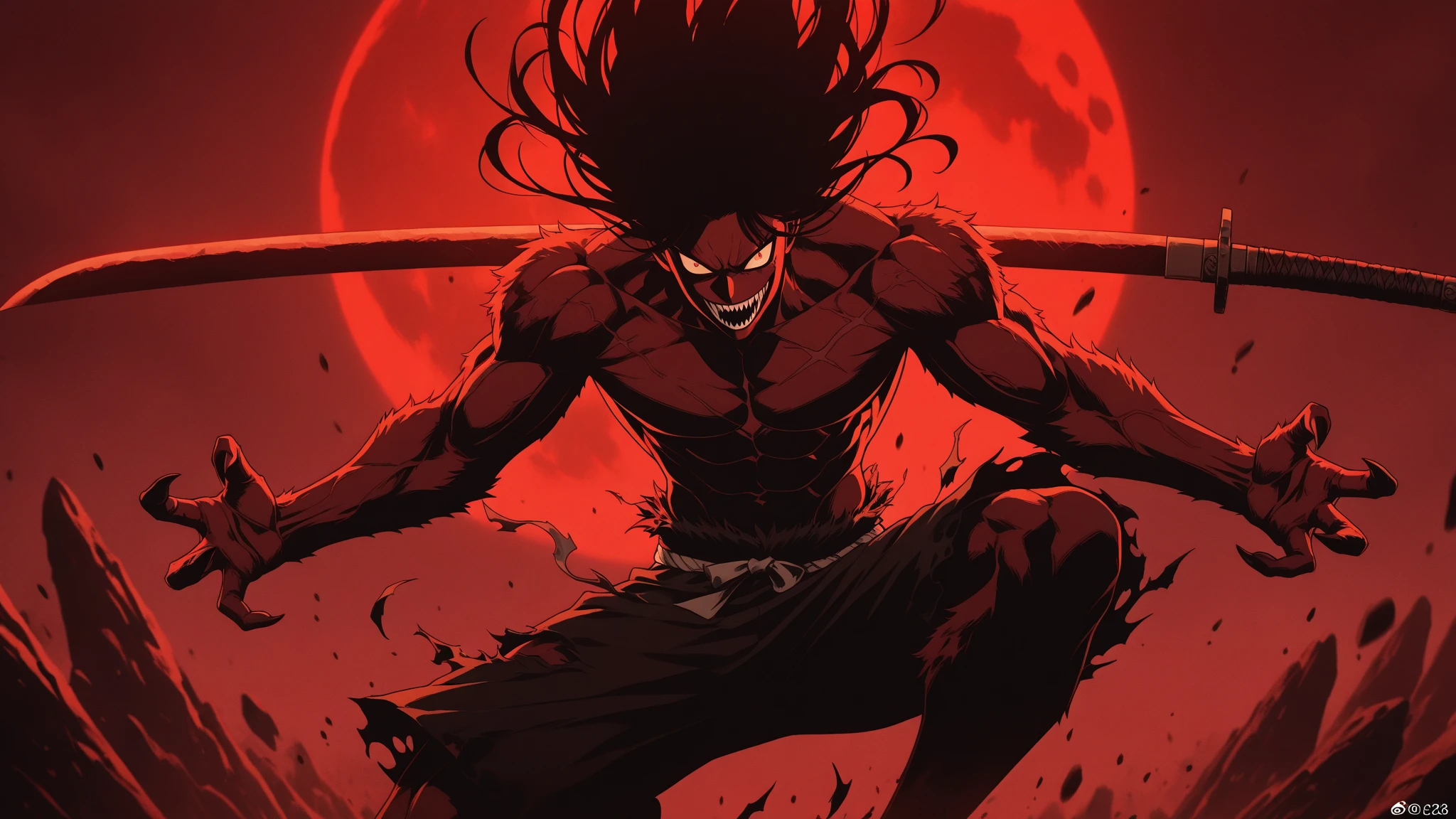Make kali demon male version with dark aura red skin and bright black shade eyes black bright hair with awsome physique attached and very egoistic main villian with cut marks on his skin