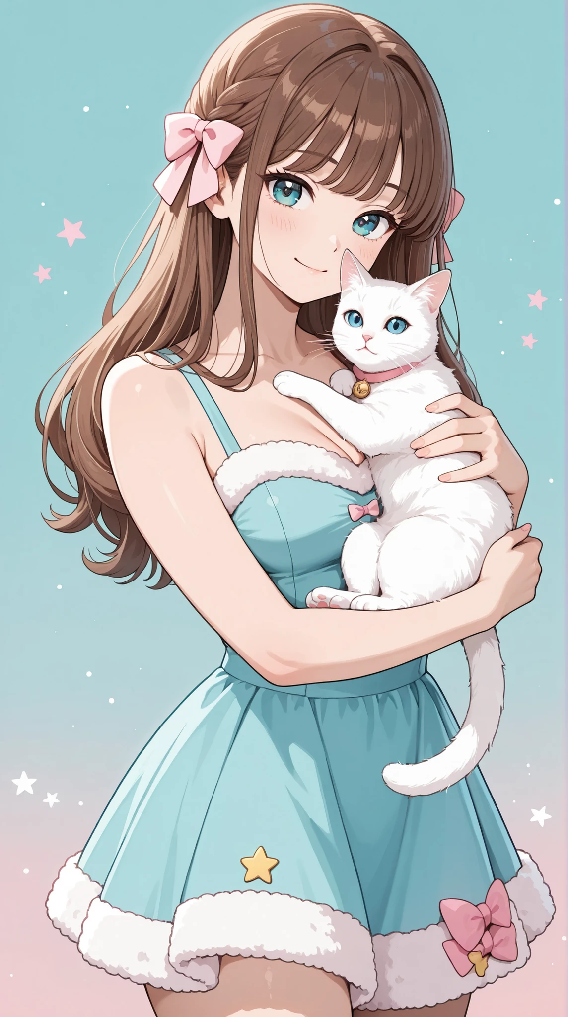 A pin-up style illustration of a woman with long brown hair, wearing a teal dress with faux fur trim and large pink bow, holding a white cat; the style is reminiscent of 1950s pin-up art, with a soft, pastel color palette, and a focus on exaggerated features and curves.  The image features a turquoise background with scattered pink star-shaped highlights and fluffy textures, ultra-detailed, intricate details,masterpiece, best quality, amazing quality, hyper-detailed, newest, very aesthetic 